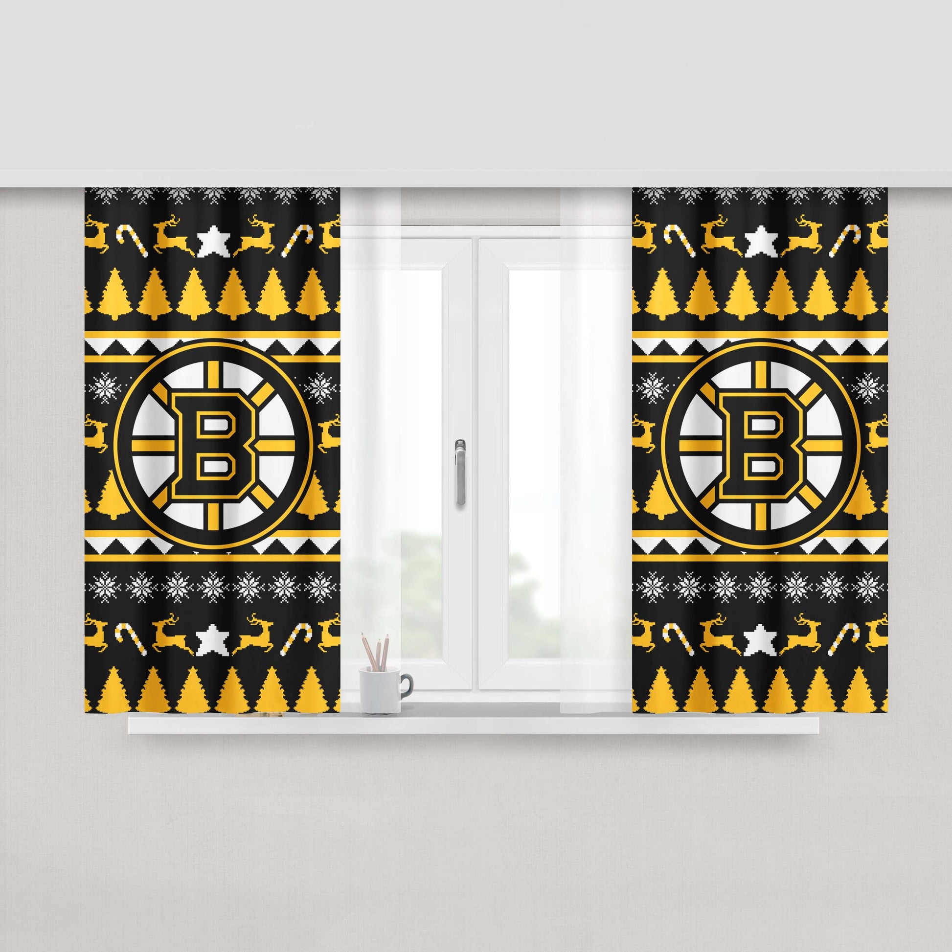Boston Bruins Christmas Sweater Peach Skin Window Curtains