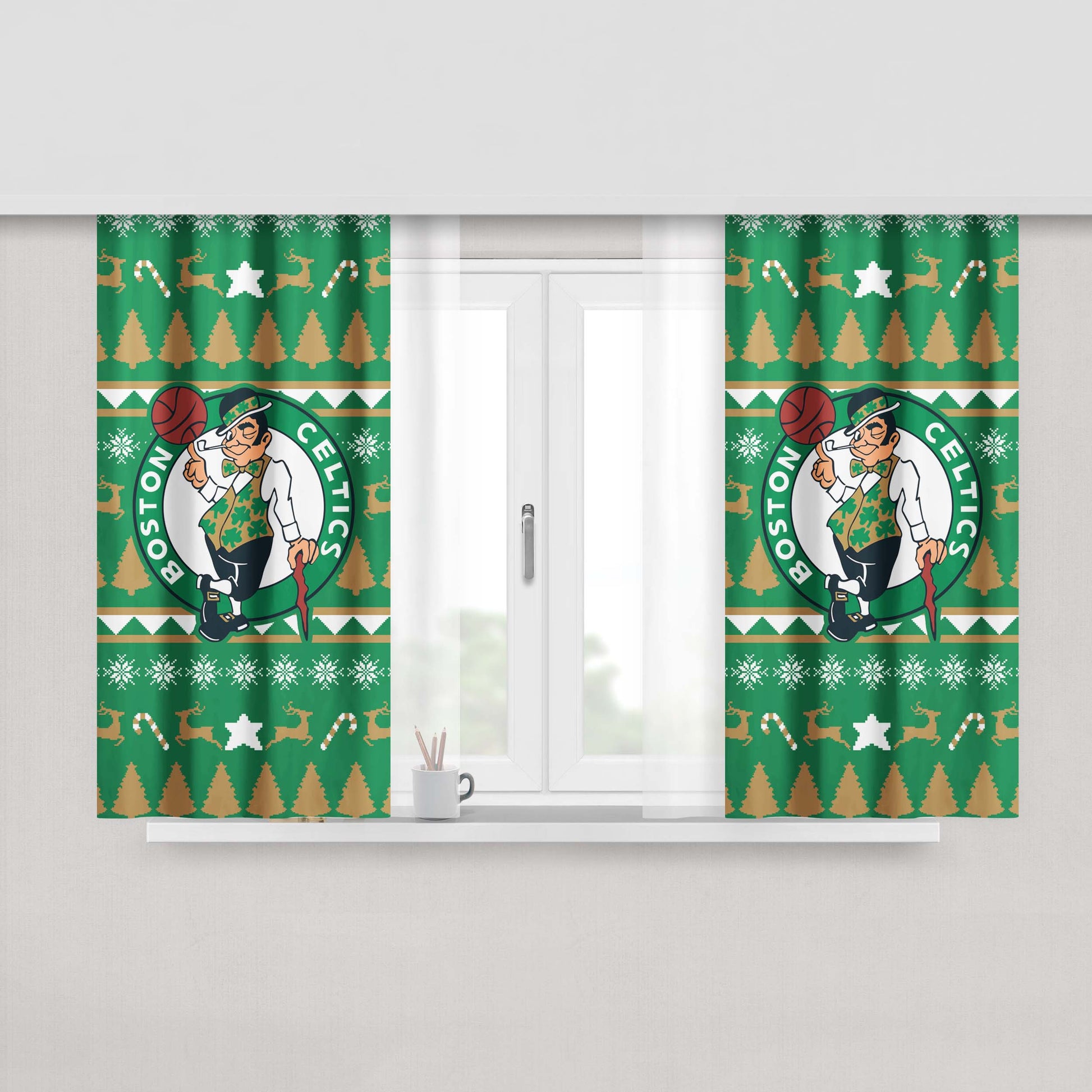 Boston Celtics Christmas Sweater Peach Skin Window Curtains