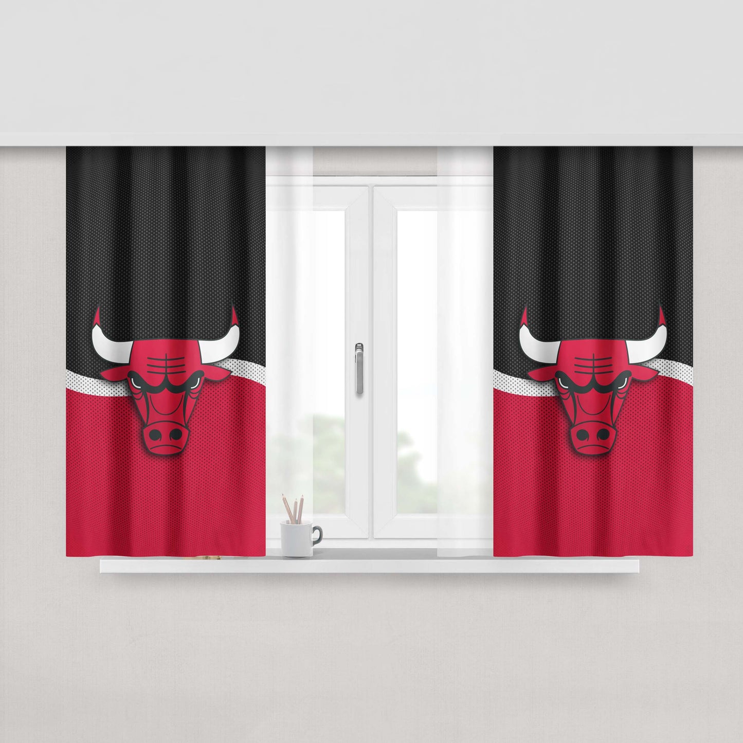 Chicago Bulls Logo Red Black Fiber Texture Peach Skin Window Curtains