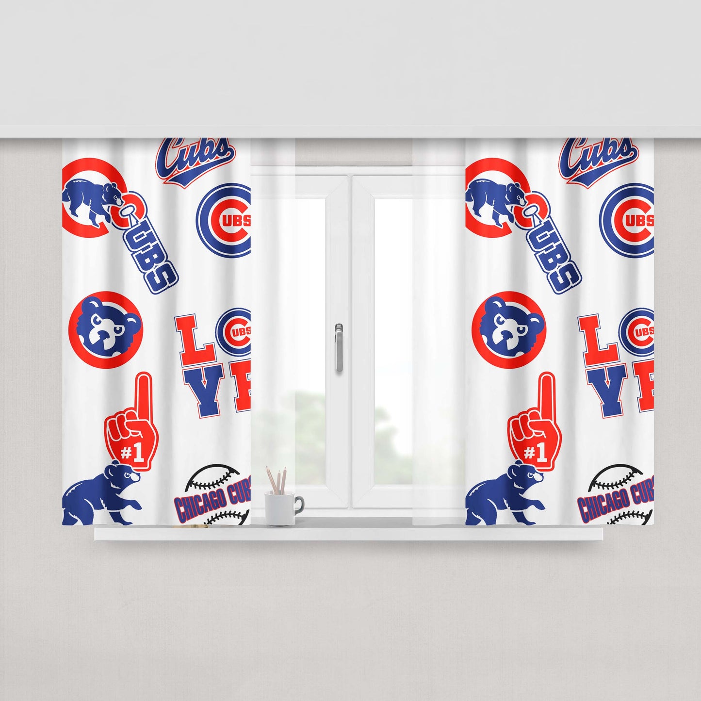 Chicago Cubs Logo Collage Peach Skin Window Curtains