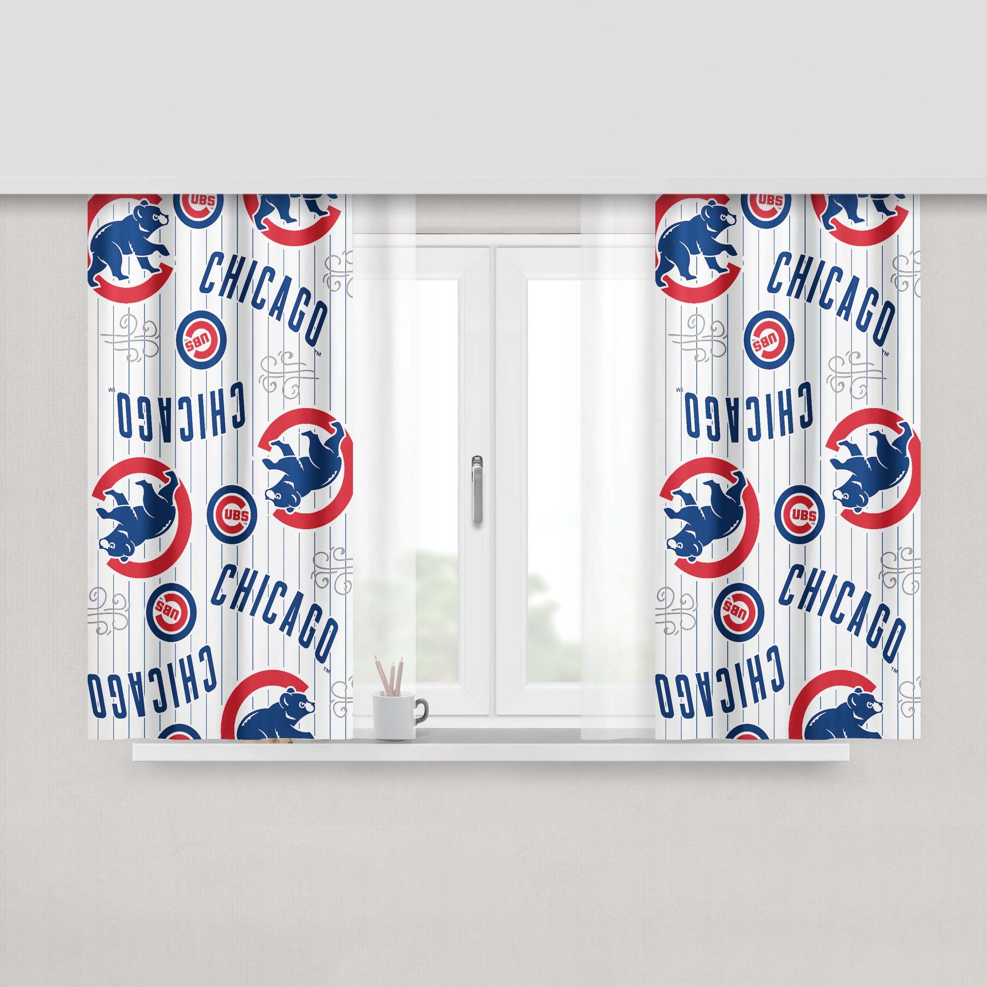 Chicago Cubs Logo Stripe 2 Peach Skin Window Curtains