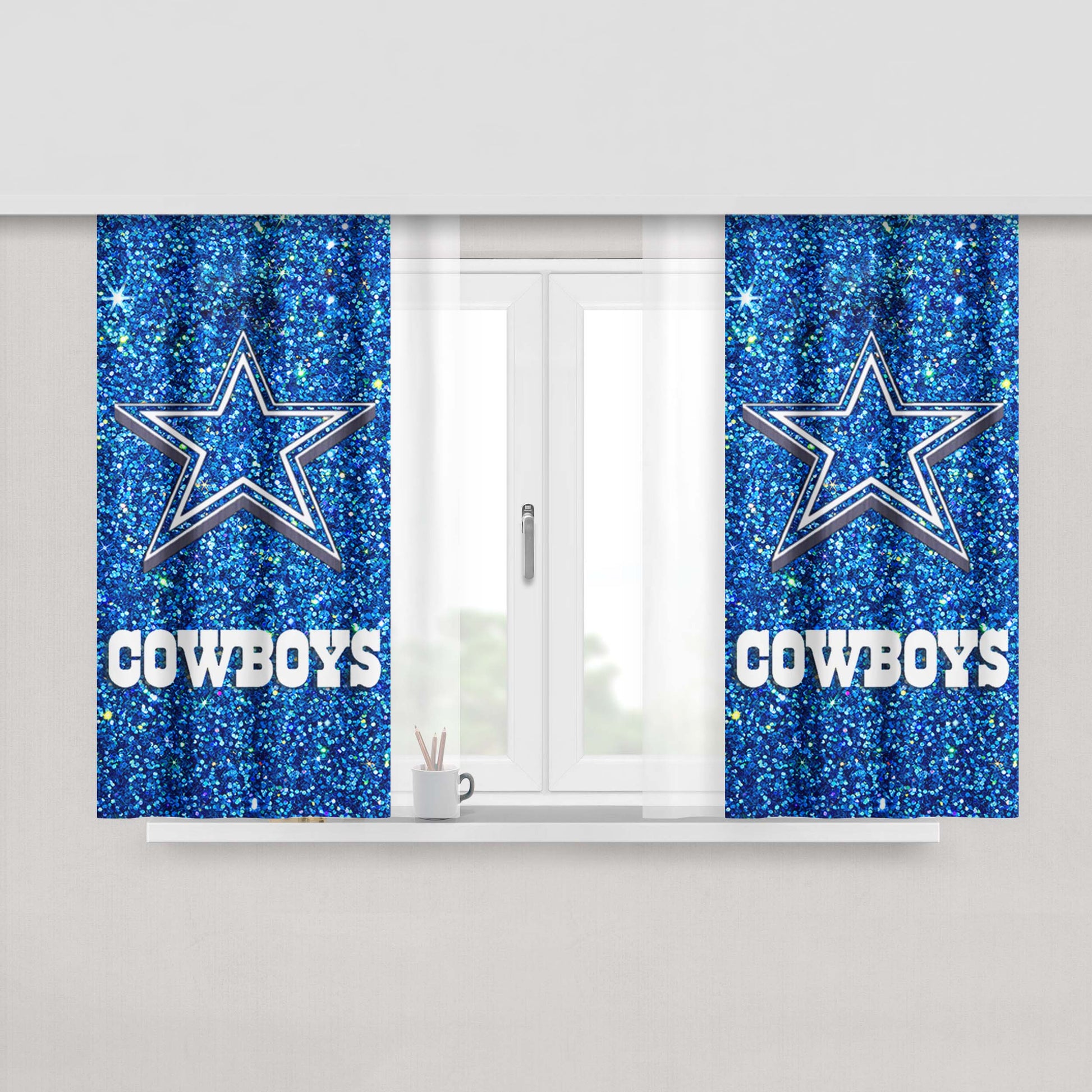Dallas Cowboys Blue Sparkling Glitter Peach Skin Window Curtains