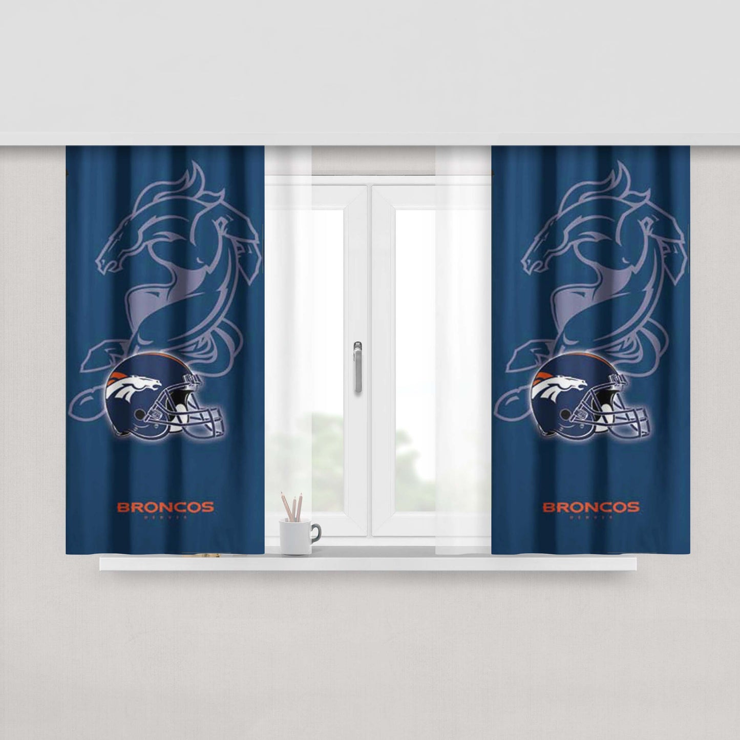 Denver Broncos Helmet On Blue Peach Skin Window Curtains