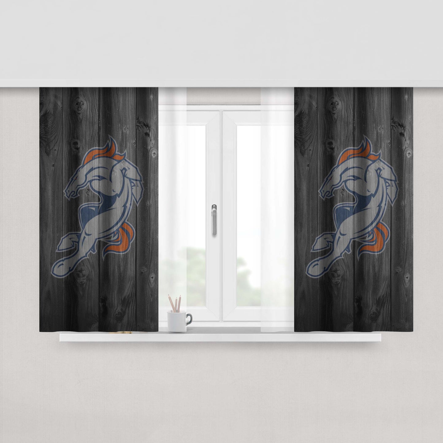 Denvers Broncos Logo Dark Wood Wallpaper Peach Skin Window Curtains