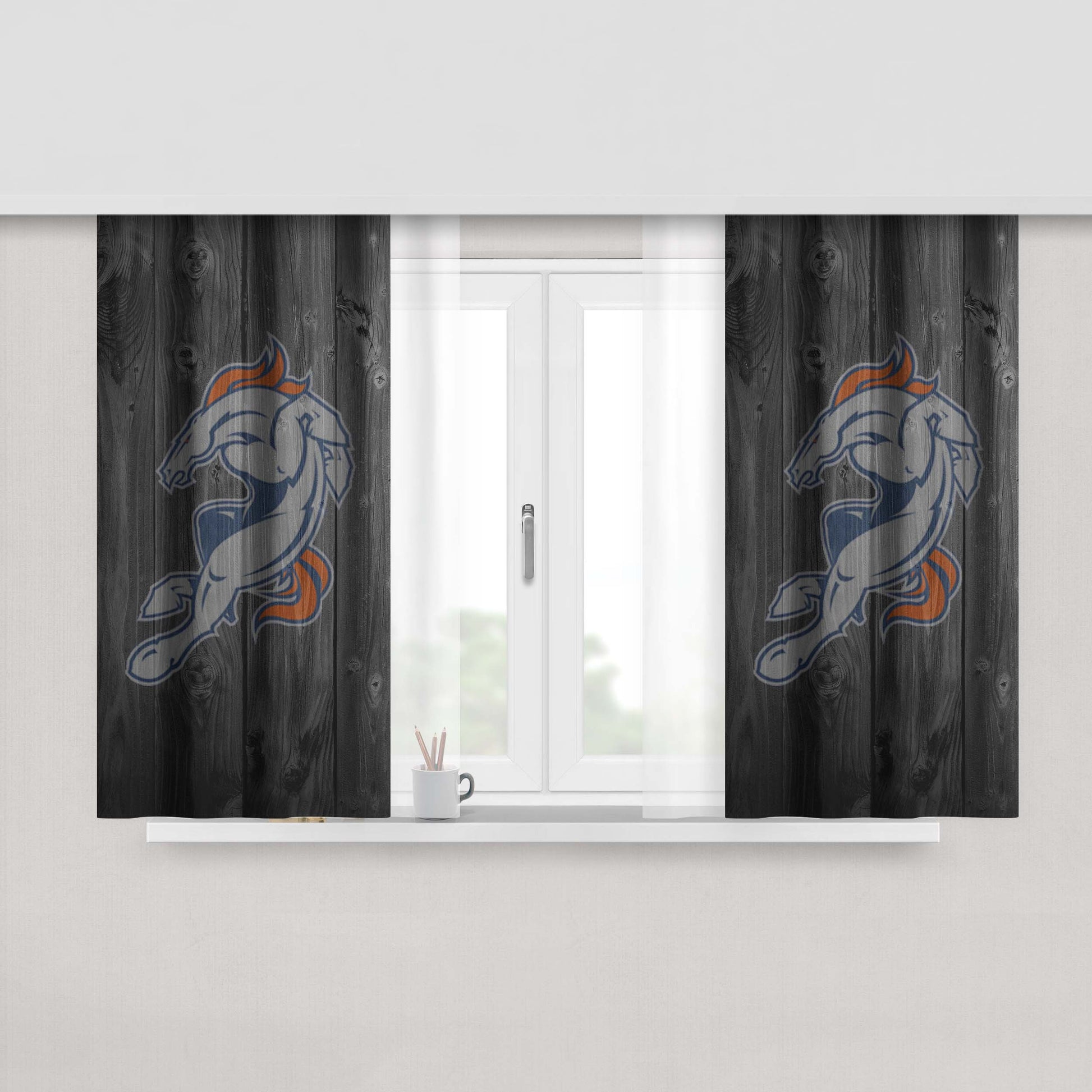 Denvers Broncos Logo Dark Wood Wallpaper Peach Skin Window Curtains