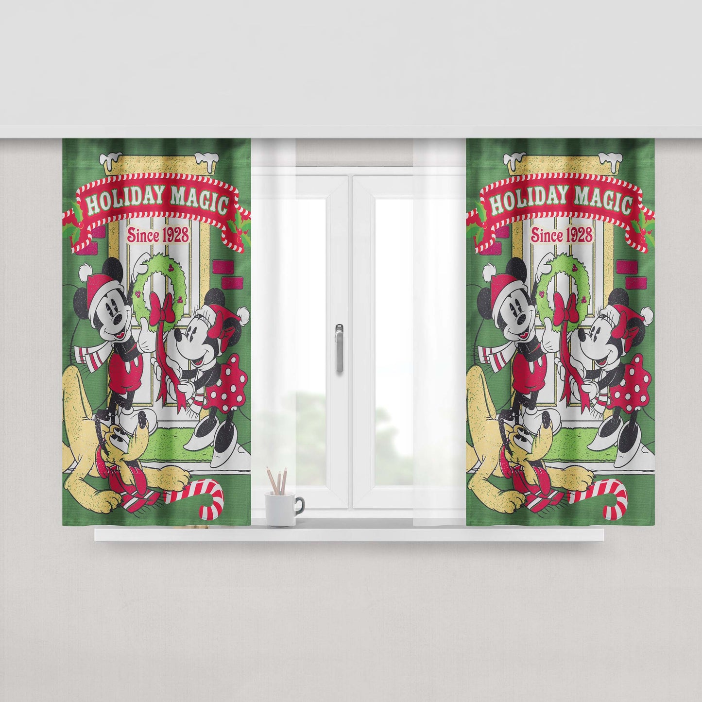 Disney Mickey Minnie Pluto Holiday Peach Skin Window Curtains