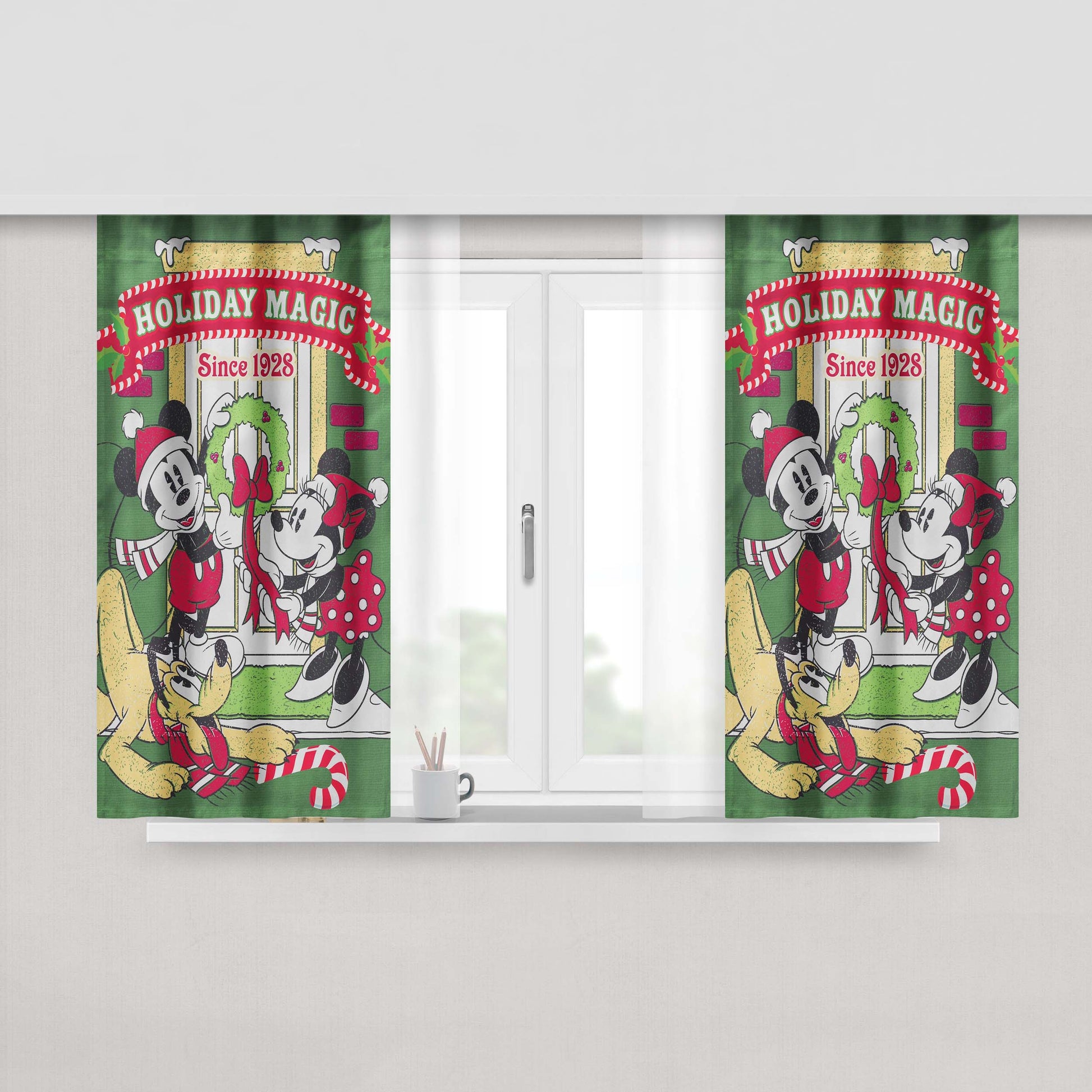 Disney Mickey Minnie Pluto Holiday Peach Skin Window Curtains