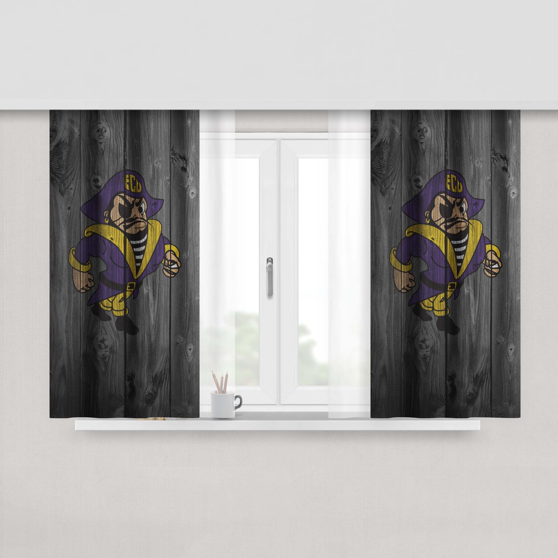 East Carolina University Pirate Logo Dark Wood Wallpaper Peach Skin Window Curtains