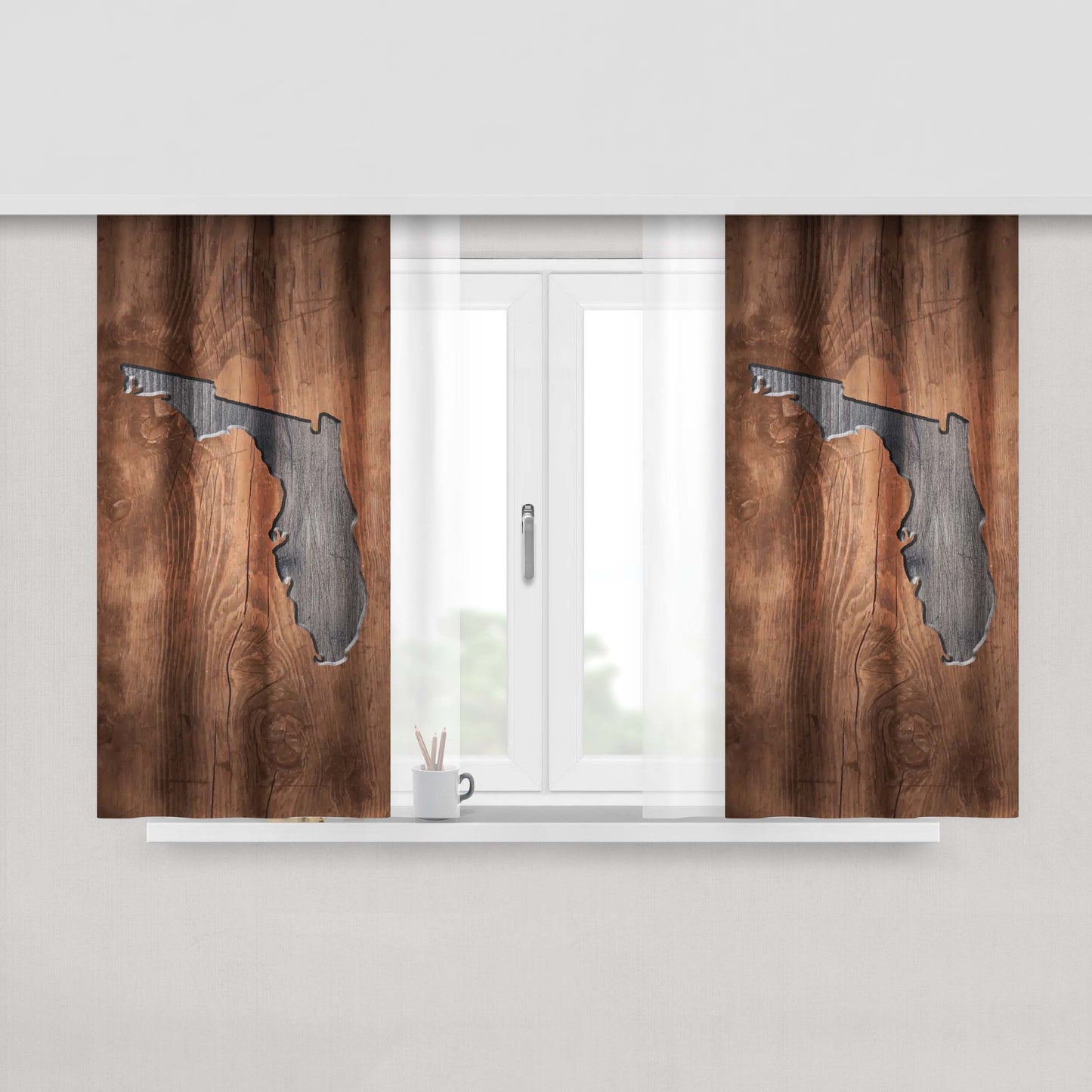 Florida States Map Two Tone Wood Texture Peach Skin Window Curtains