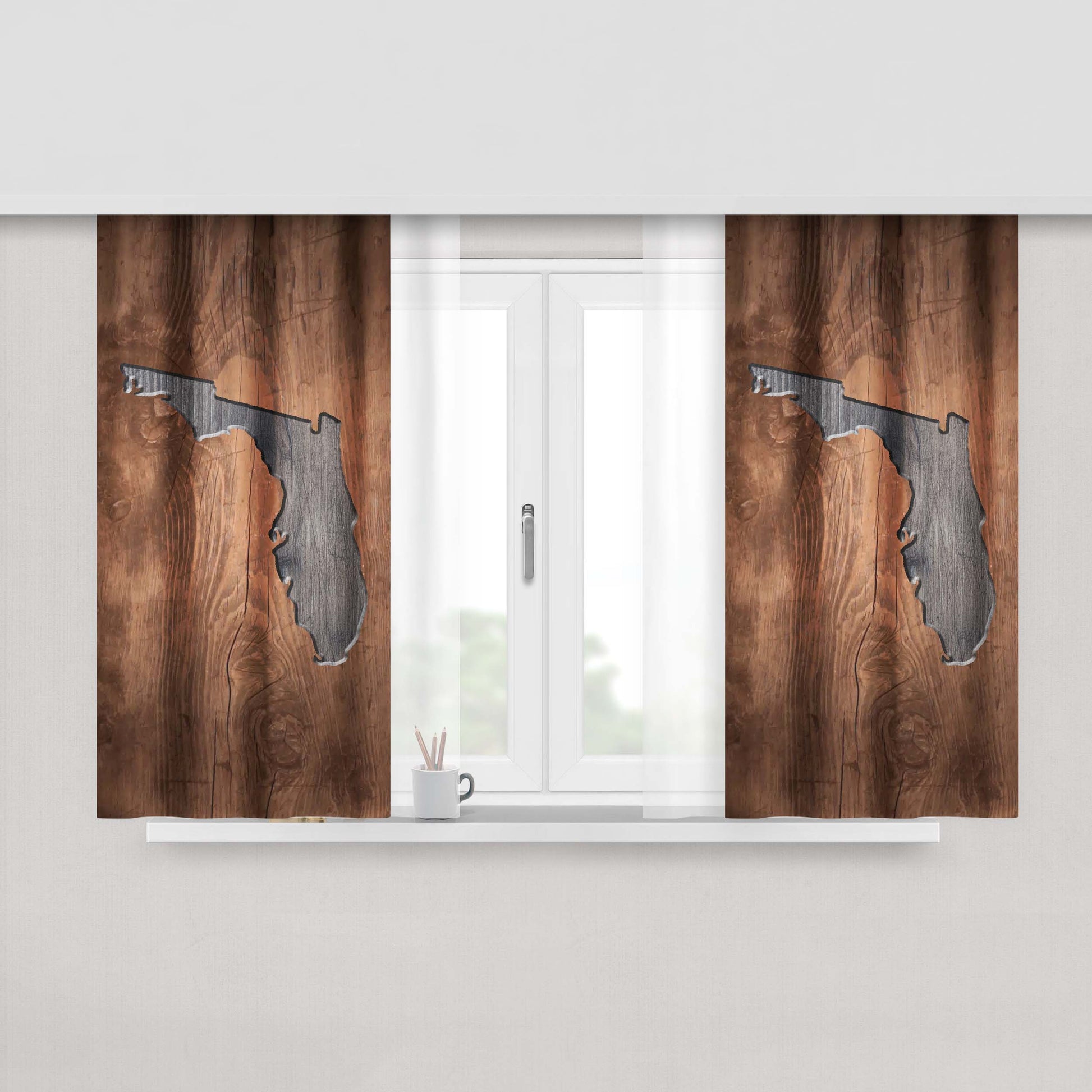 Florida States Map Two Tone Wood Texture Peach Skin Window Curtains