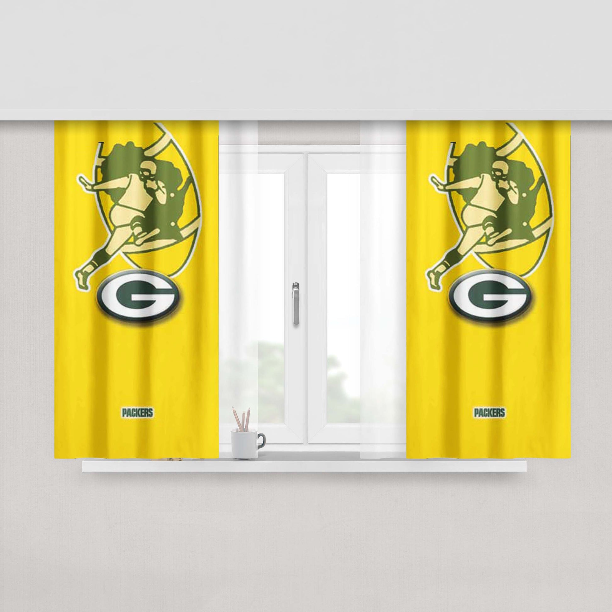 Green Bay Packers Logos On Yellow Peach Skin Window Curtains
