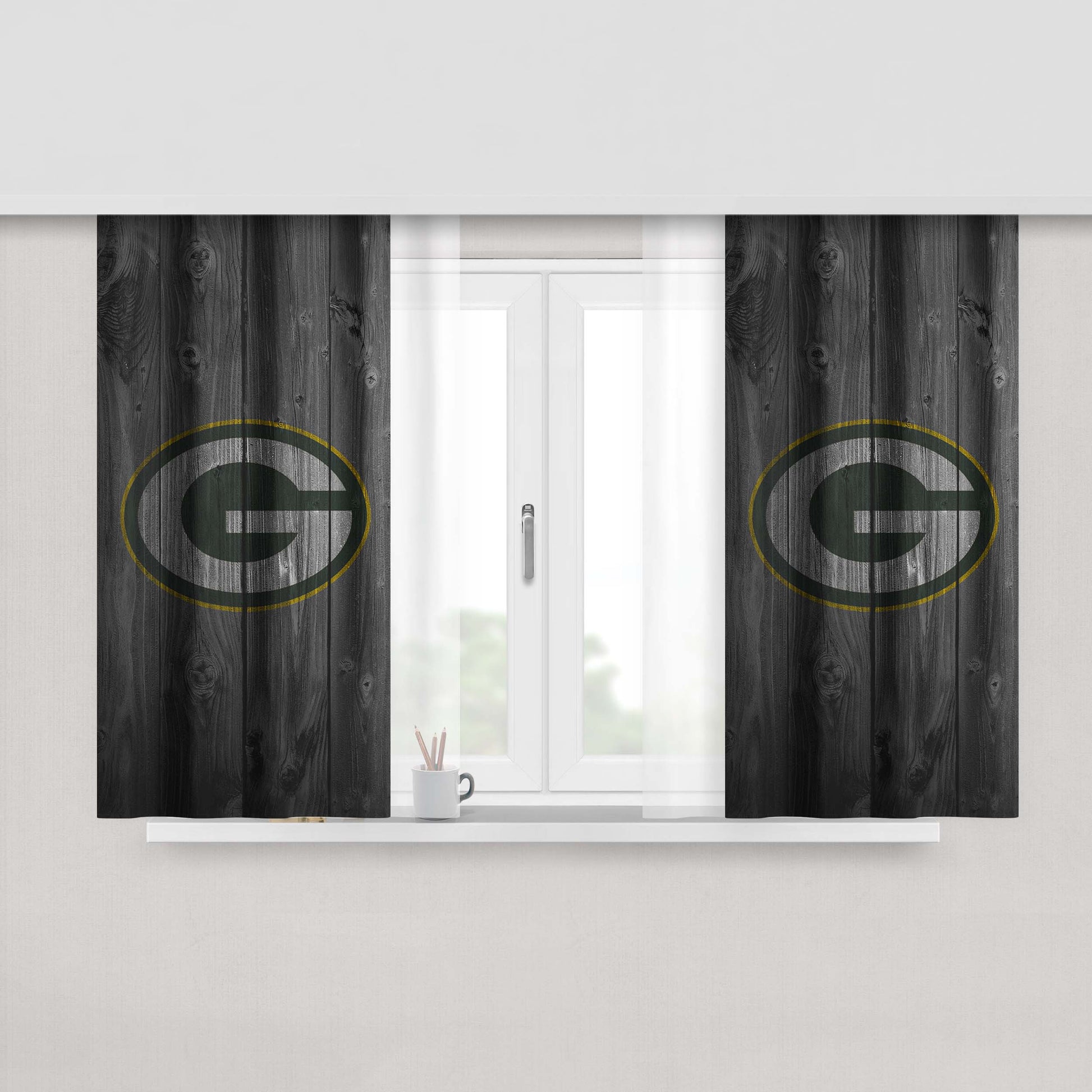 Green Bay Packers Nfl Logo Dark Wood Wallpaper Peach Skin Window Curtains