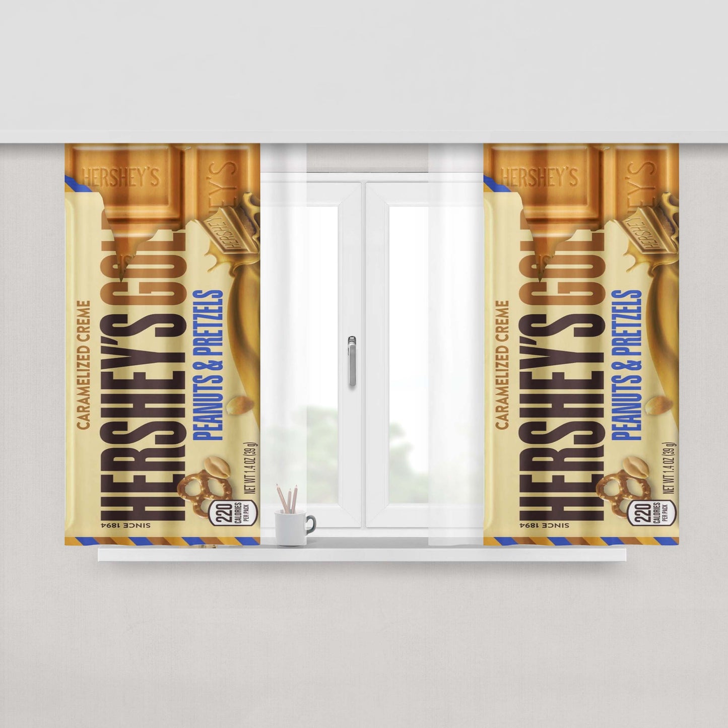 Hershey Gold Peanuts Pretzels Chocolate Candy Bar Peach Skin Window Curtains