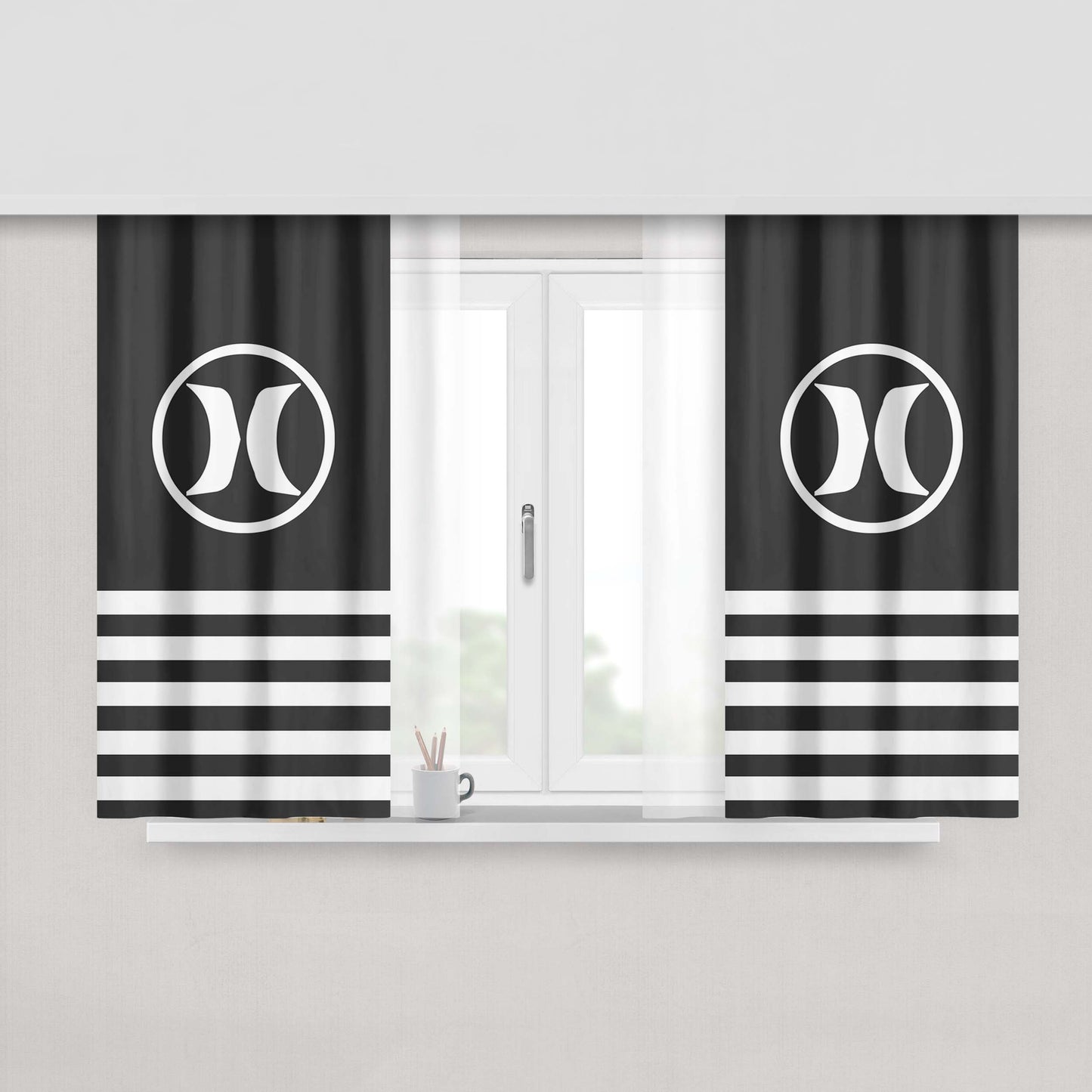 Hurley Black White Stripe Logo Peach Skin Window Curtains