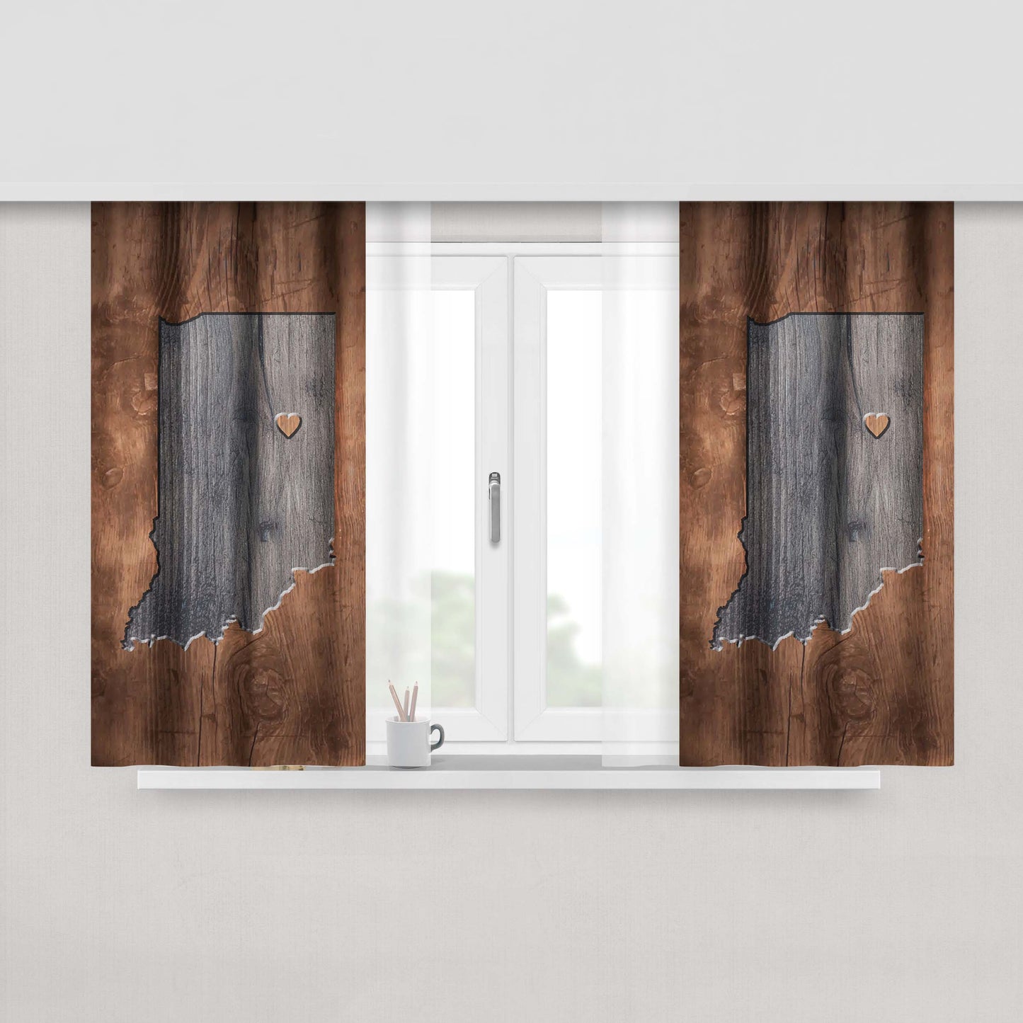Indiana States Map Two Tone Wood Texture Peach Skin Window Curtains