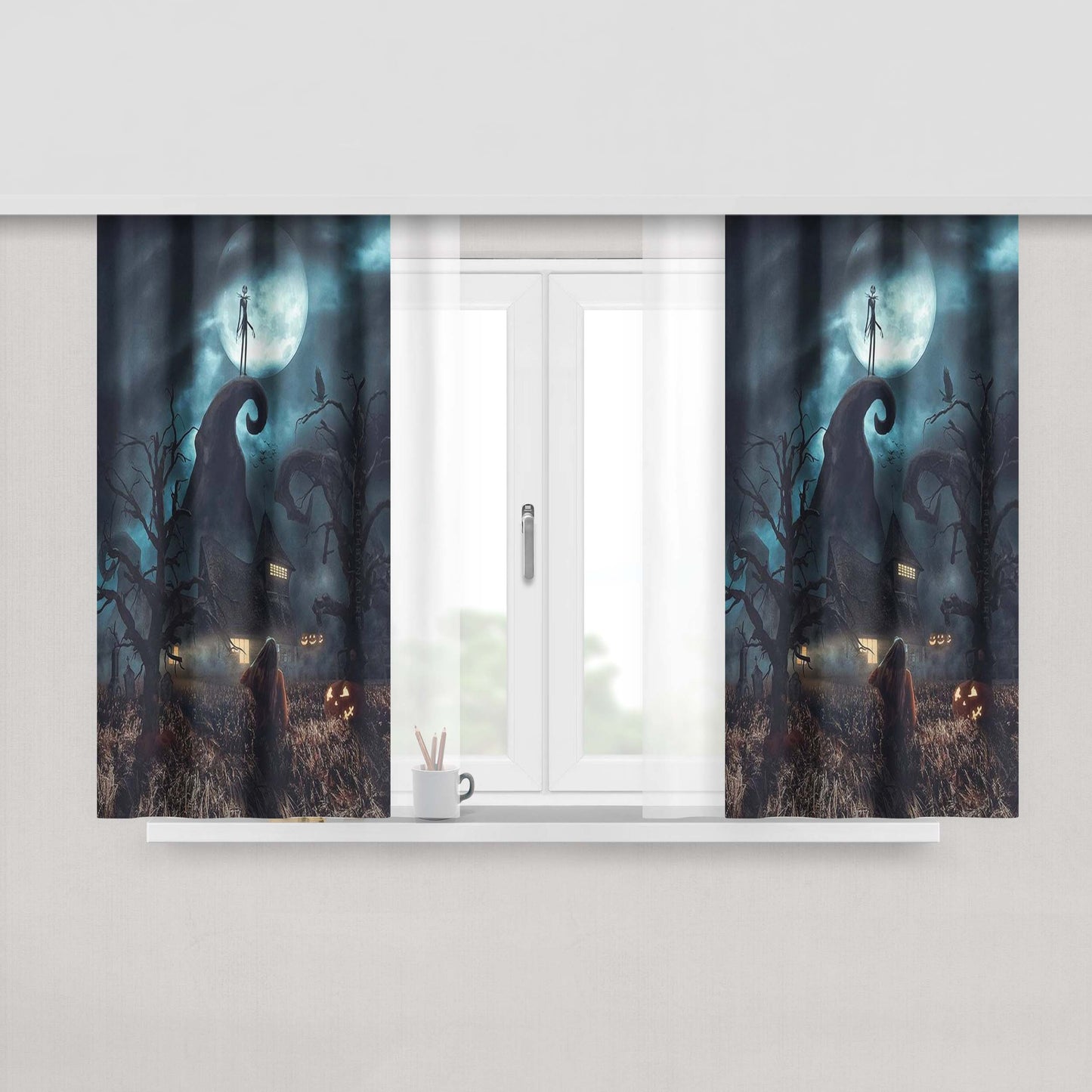 Jack Skellington Halloween Wallpaper Peach Skin Window Curtains