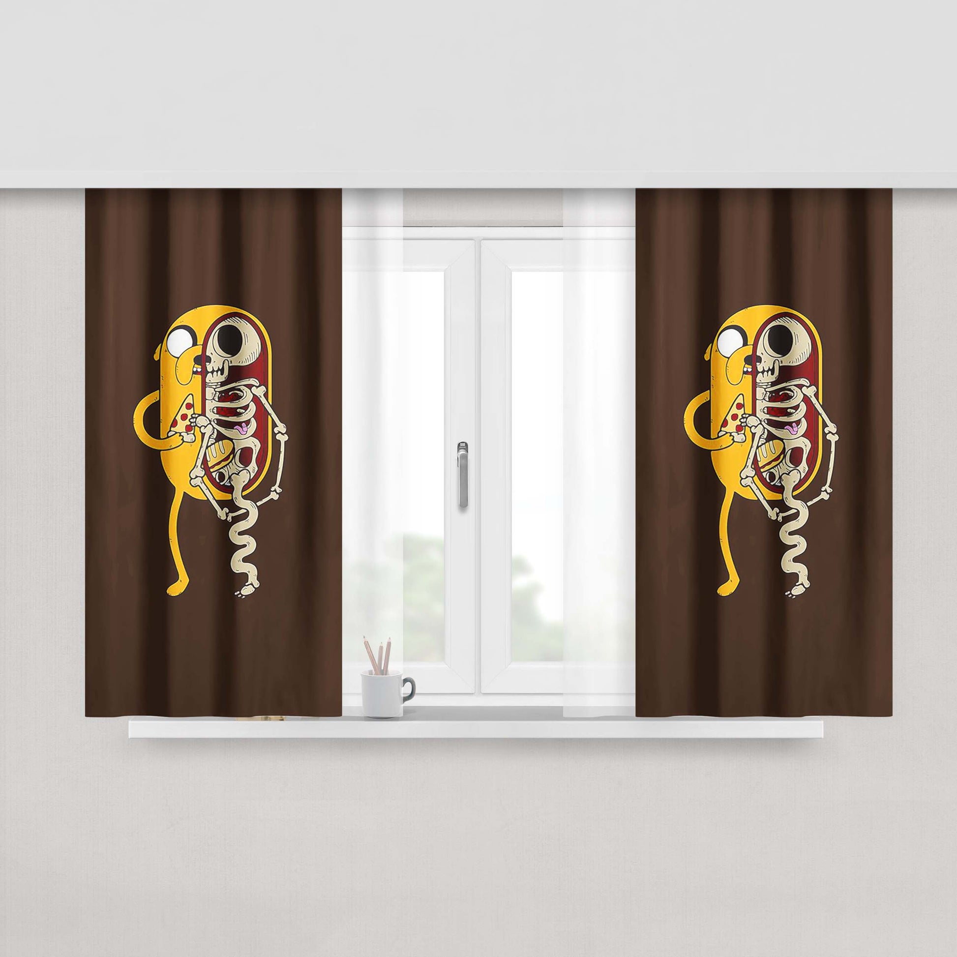 Jake Skeleton Loves Pizza Peach Skin Window Curtains