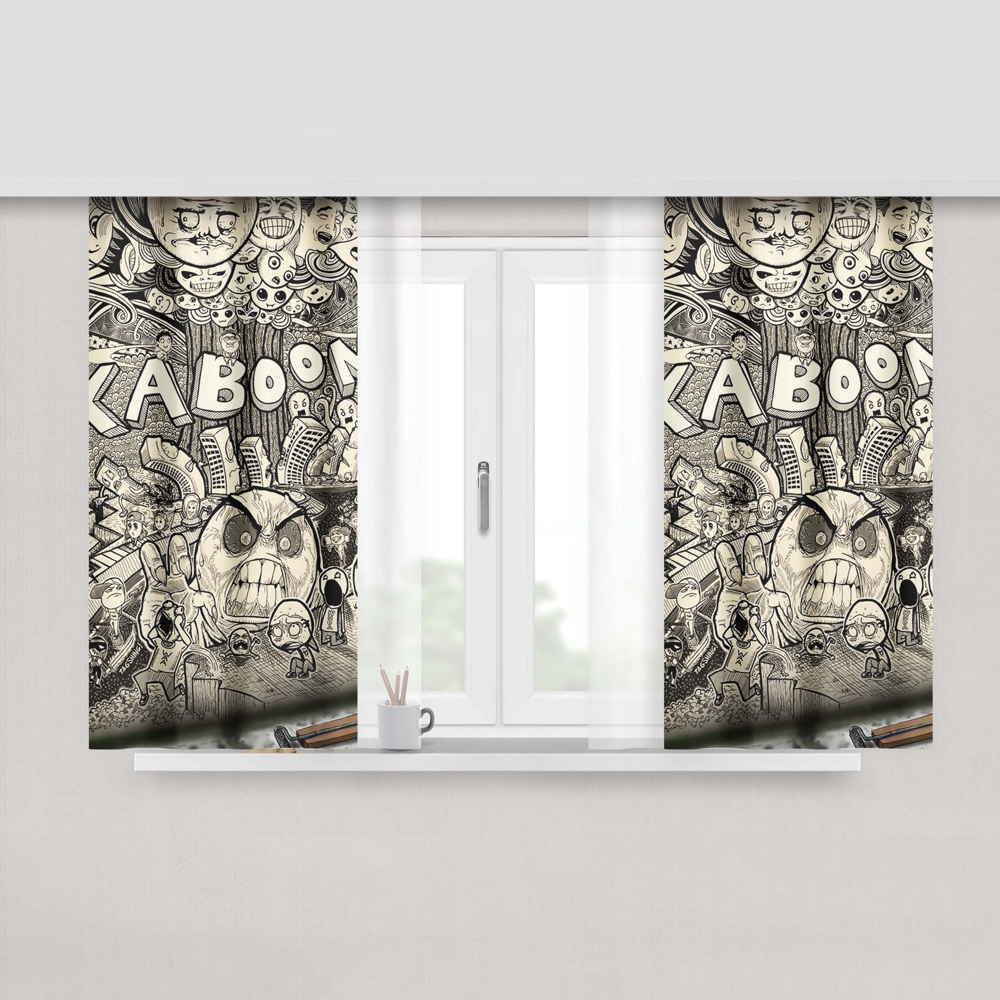 Kaboom Graffiti Monster Doodle Peach Skin Window Curtains