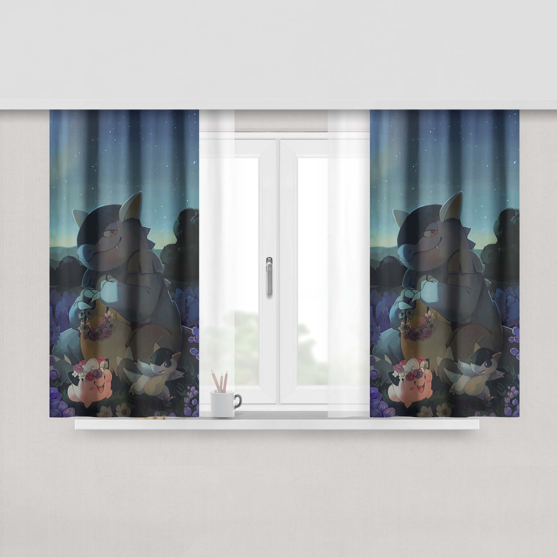 Kangaskhan And Cleffa Pokemon Art Peach Skin Window Curtains