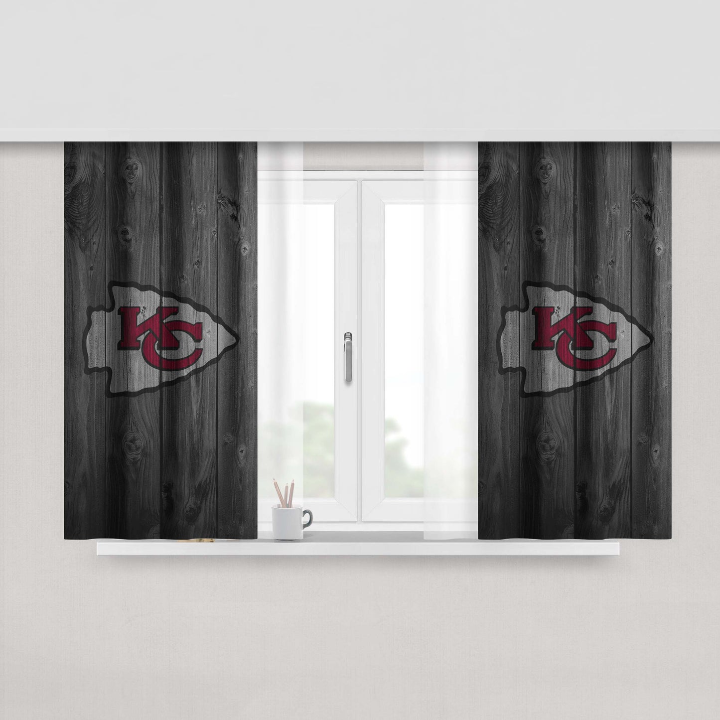 Kansas City Chiefs Nfl Logo Dark Wood Wallpaper Peach Skin Window Curtains