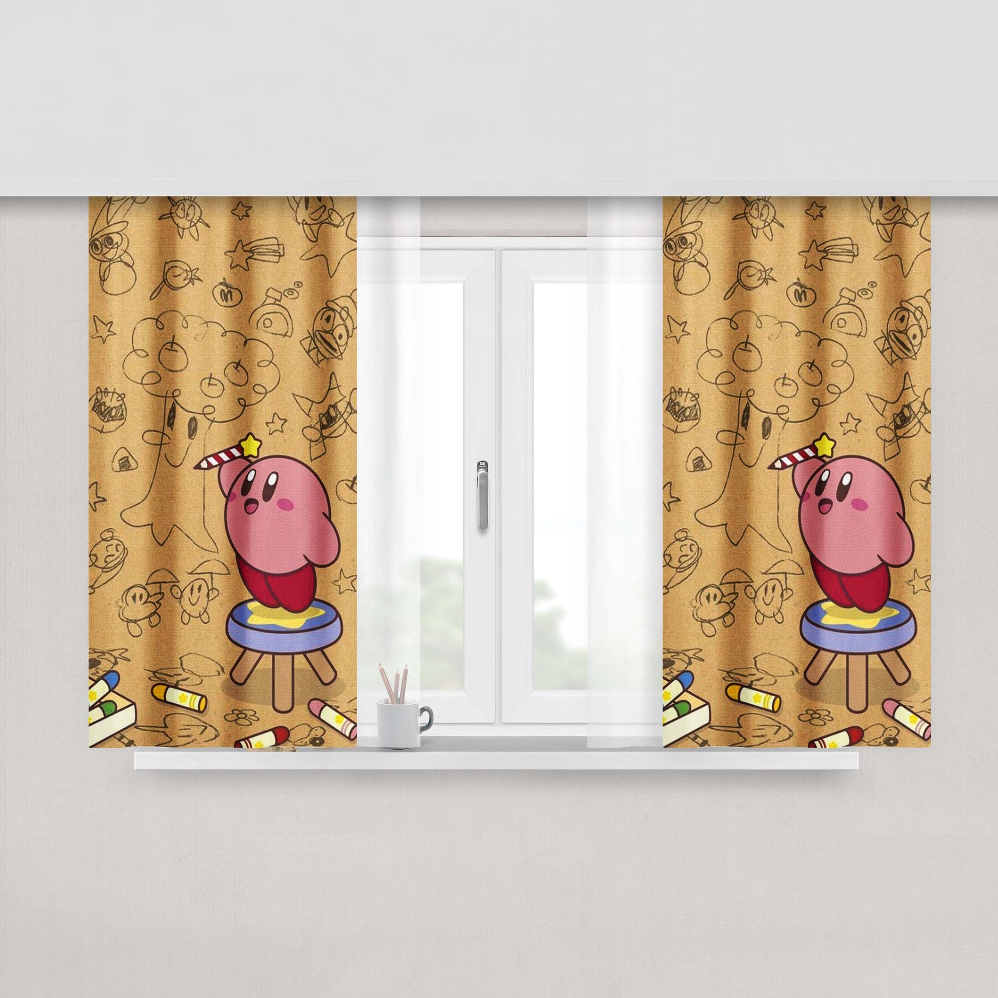 Kirby Vintage Drawing Peach Skin Window Curtains