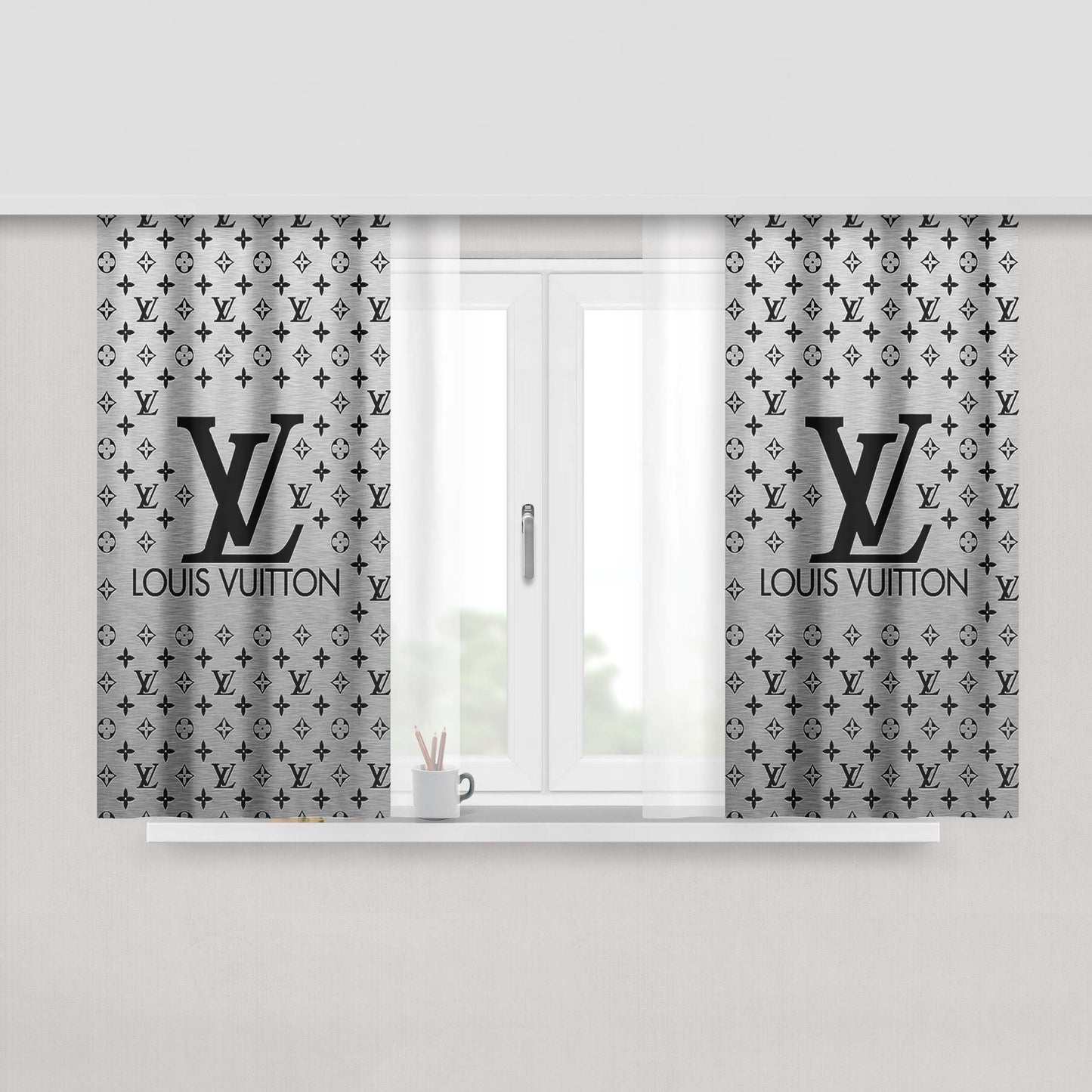 Louis Vuitton Logo Silver Peach Skin Window Curtains