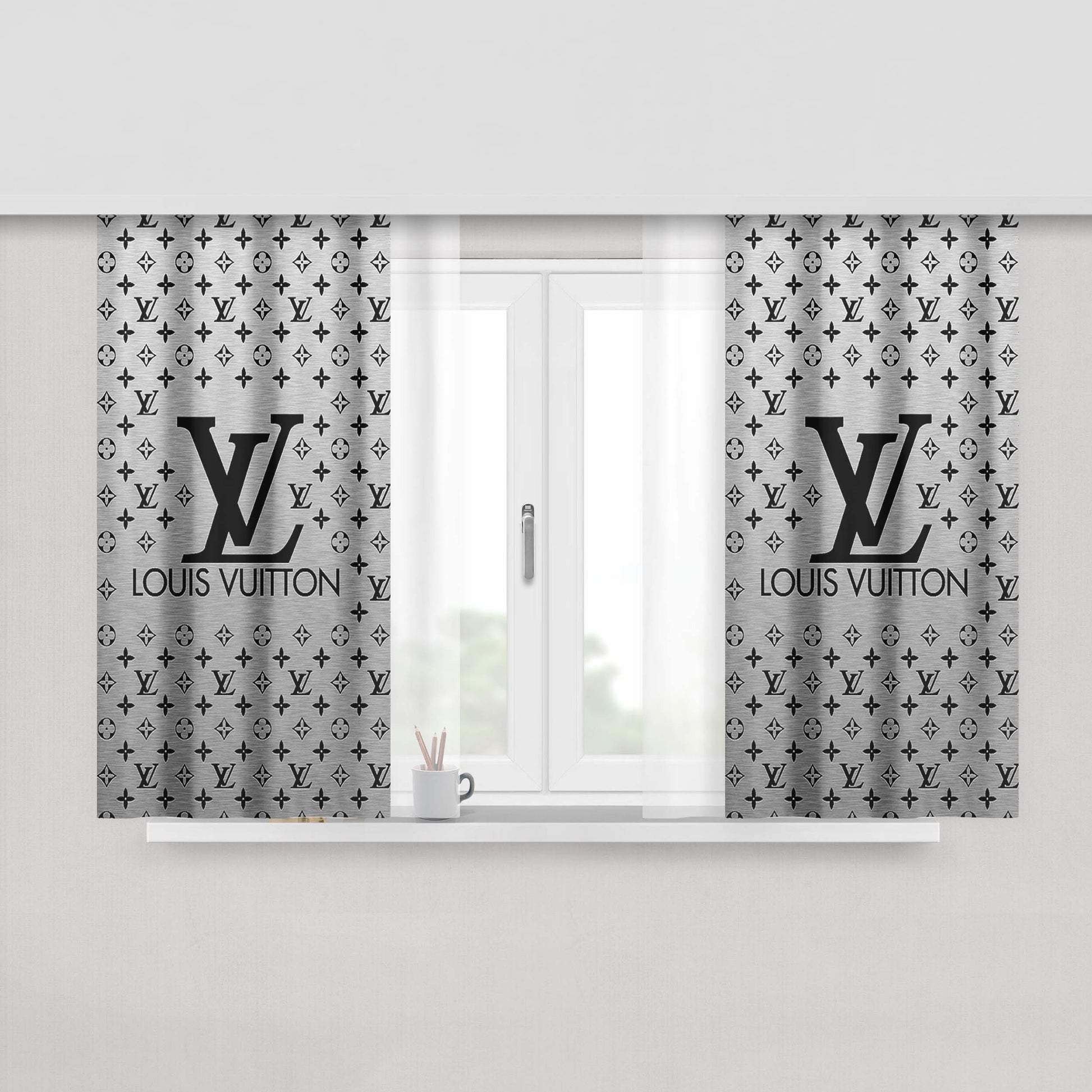 Louis Vuitton Logo Silver Peach Skin Window Curtains