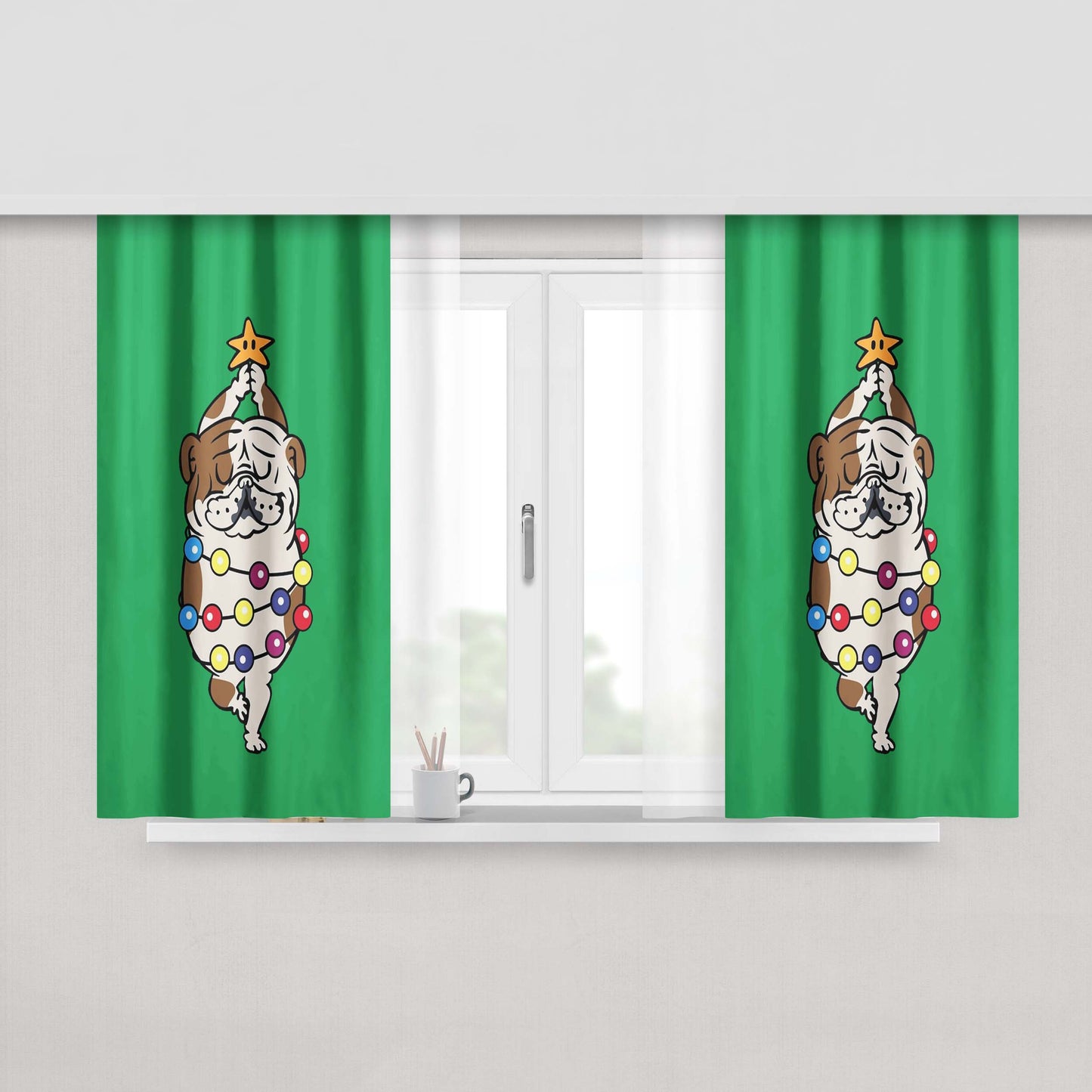 Merry Christmas English Bulldog Peach Skin Window Curtains
