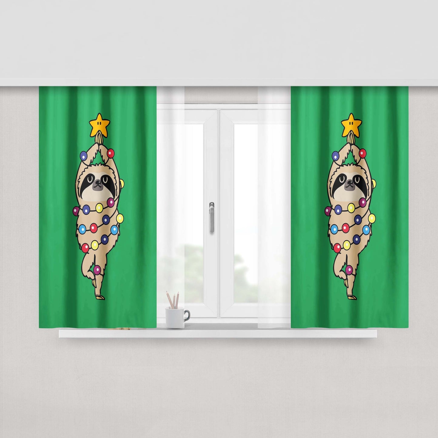 Merry Christmas Sloth Art Peach Skin Window Curtains