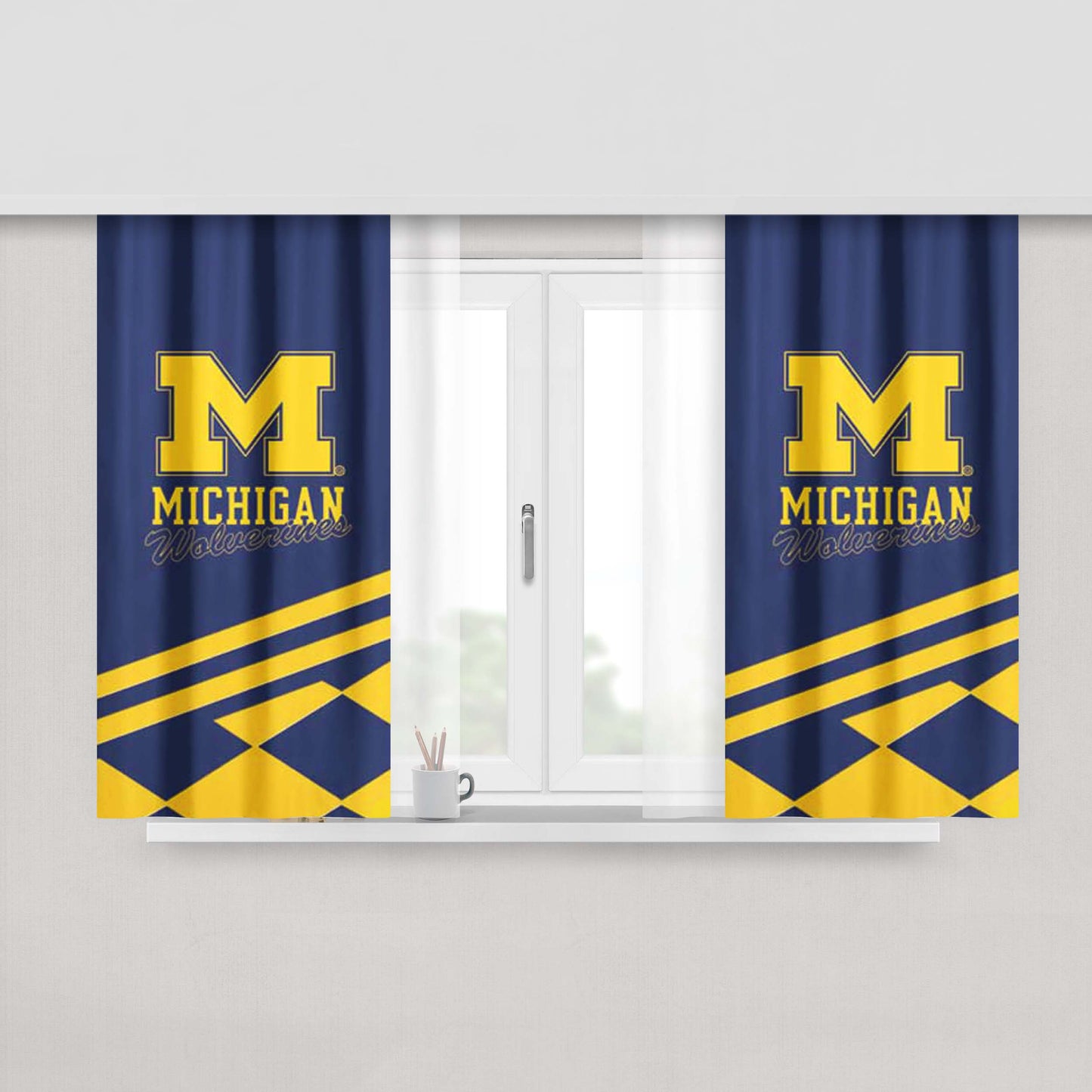 Michigan Wolverines Logo Blue Yellow Peach Skin Window Curtains