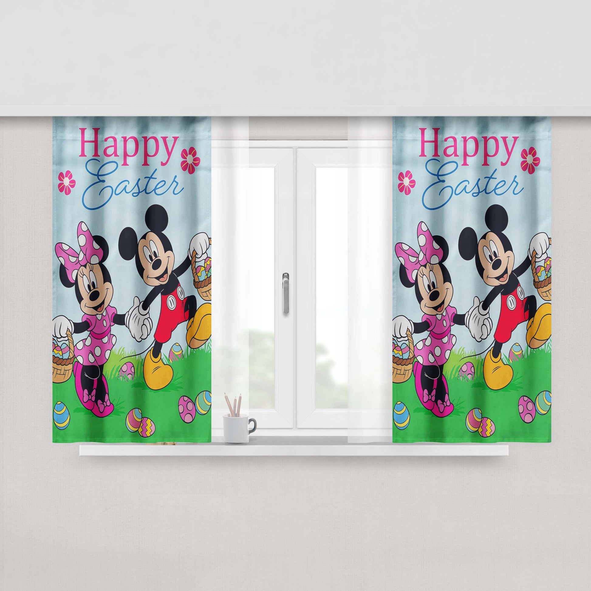 Mickey Mouse And Minnie Mouse Happy Easter Peach Skin Window Curtains