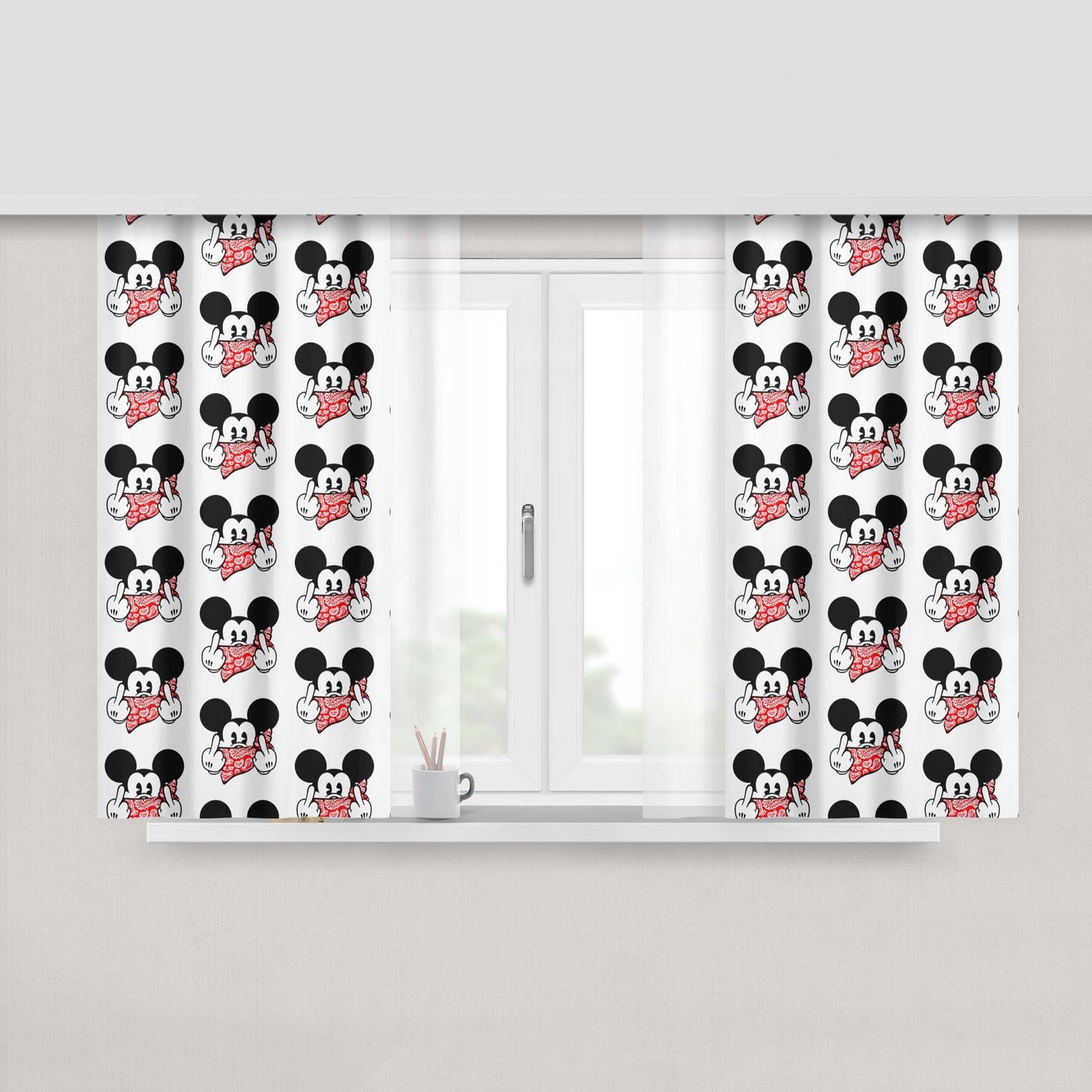 Mickey Mouse Obey Pattern Peach Skin Window Curtains