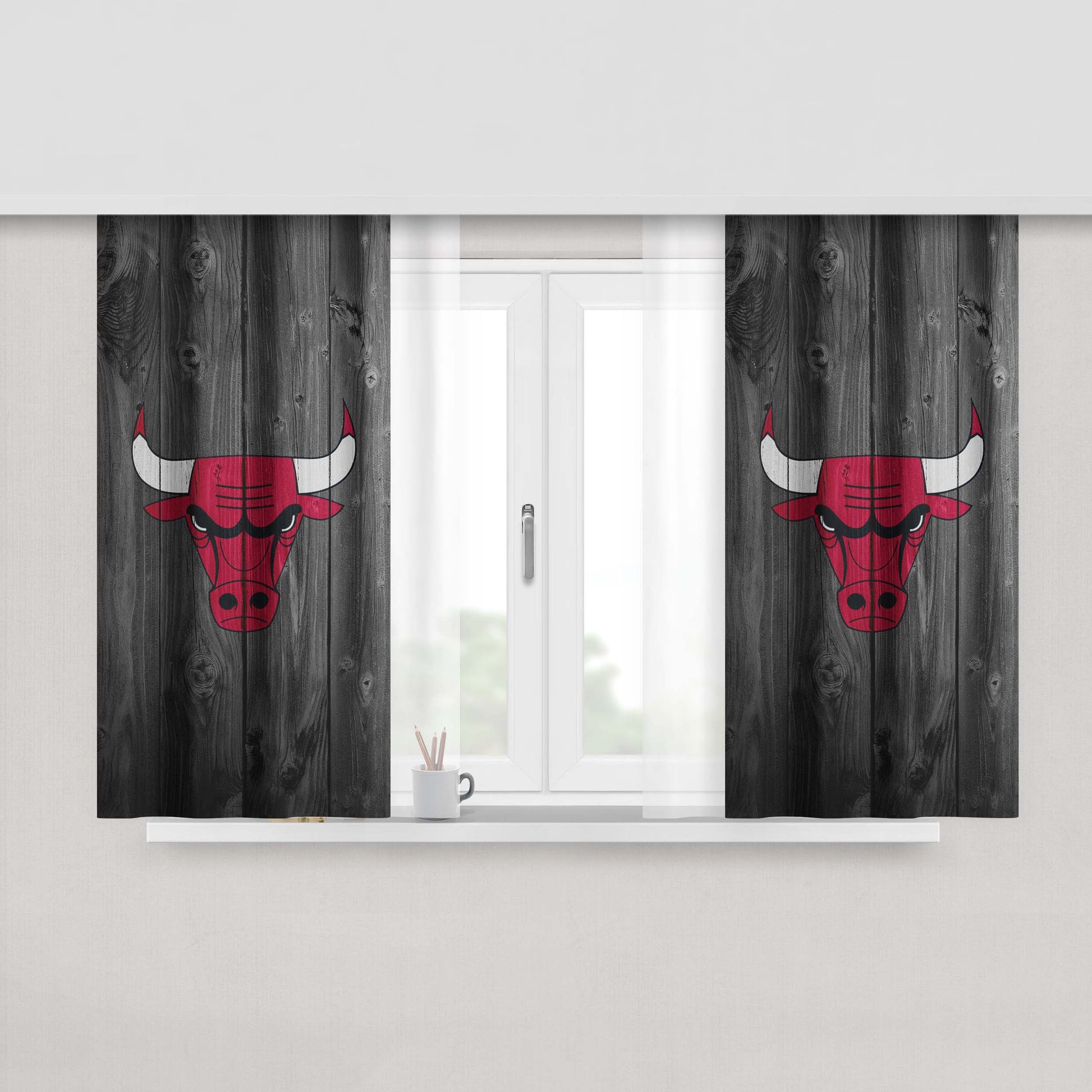 Nba Chicago Bulls Logo Dark Wood Wallpaper Peach Skin Window Curtains