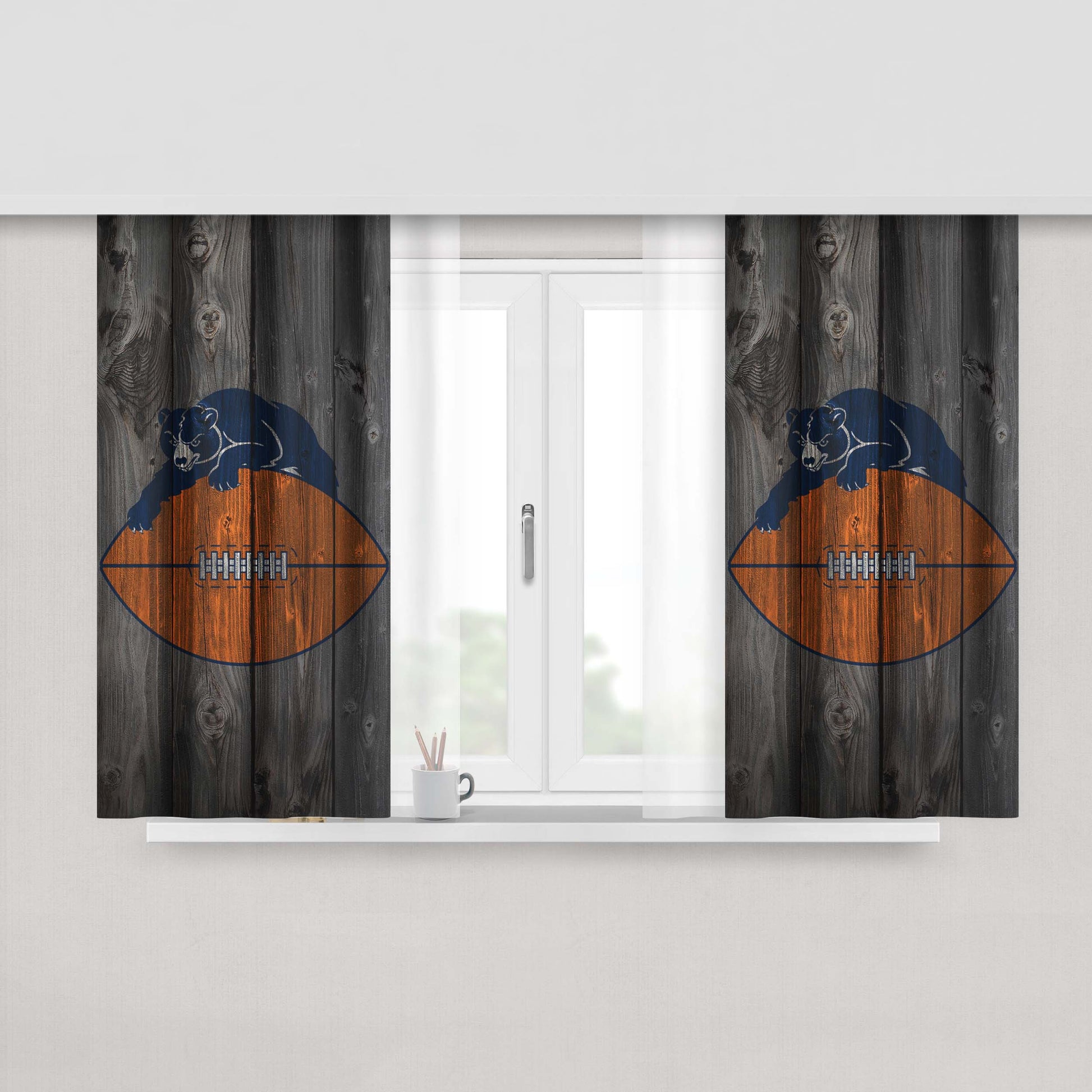 Old Chicago Bears Nfl Logo Dark Wood Wallpaper Peach Skin Window Curtains