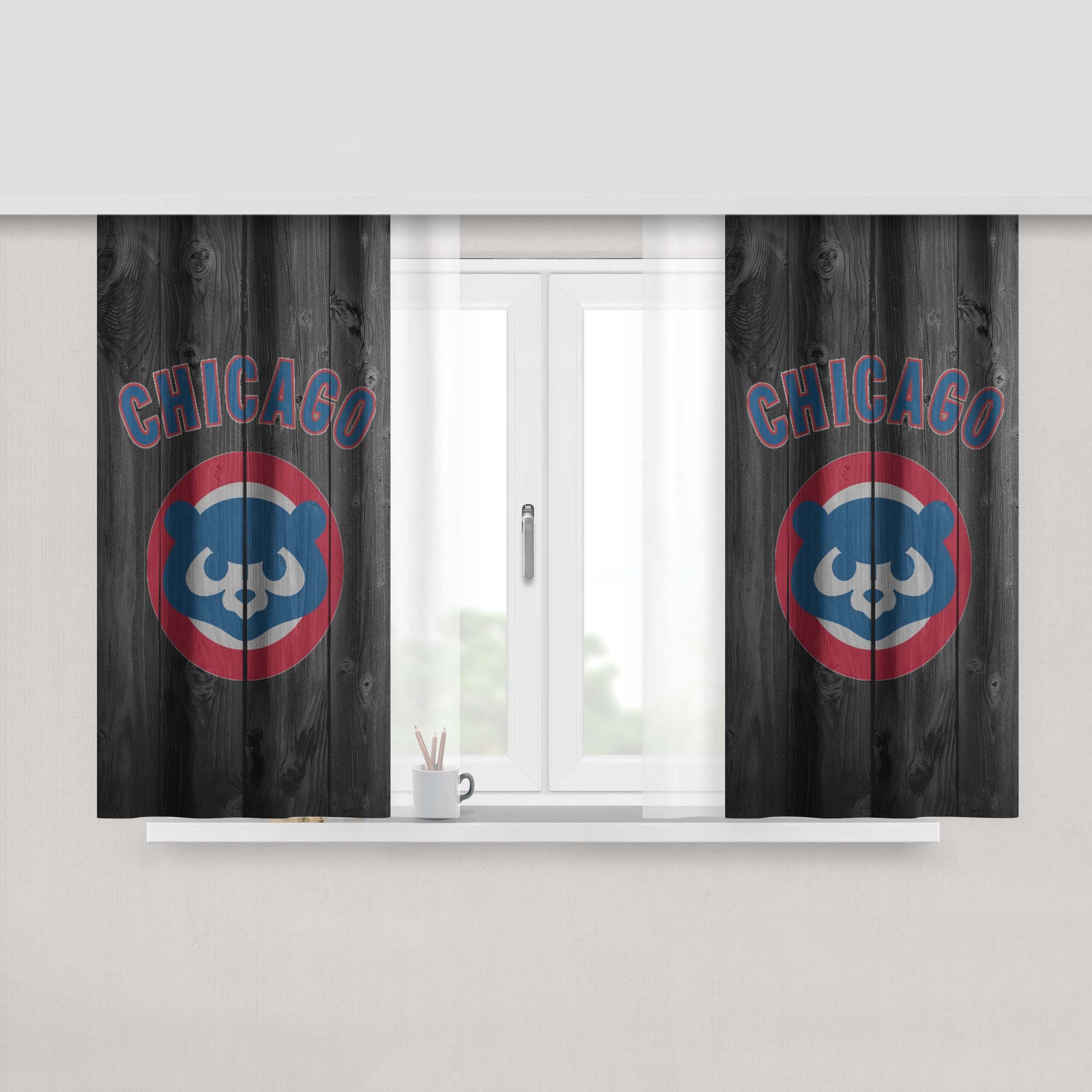 Old Chicago Cubs Mlb Logo Dark Wood Wallpaper Peach Skin Window Curtains