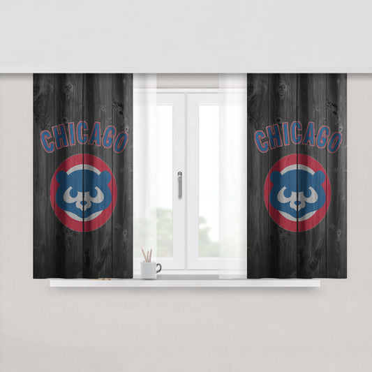 Old Chicago Cubs Mlb Logo Dark Wood Wallpaper Peach Skin Window Curtains