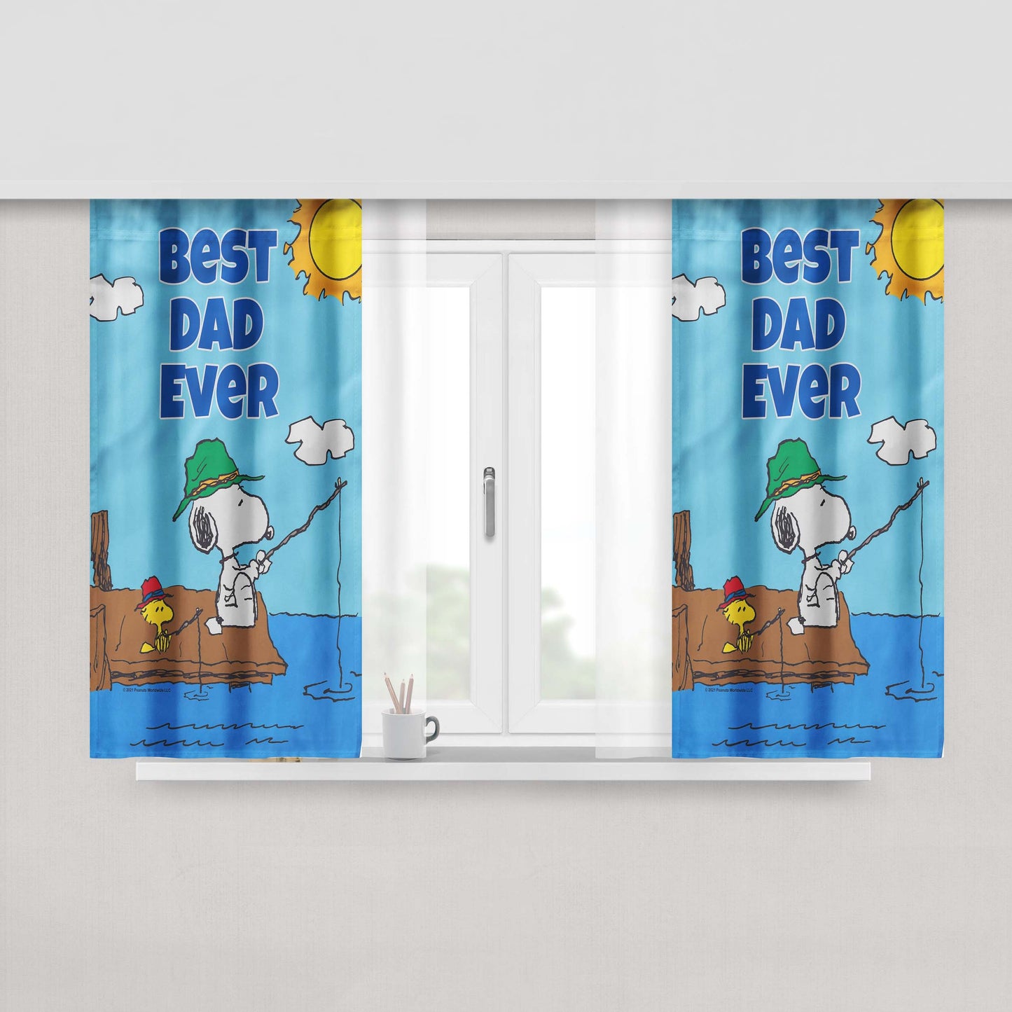 Peanuts Best Dad Ever Gone Fishing Snoopy Peach Skin Window Curtains