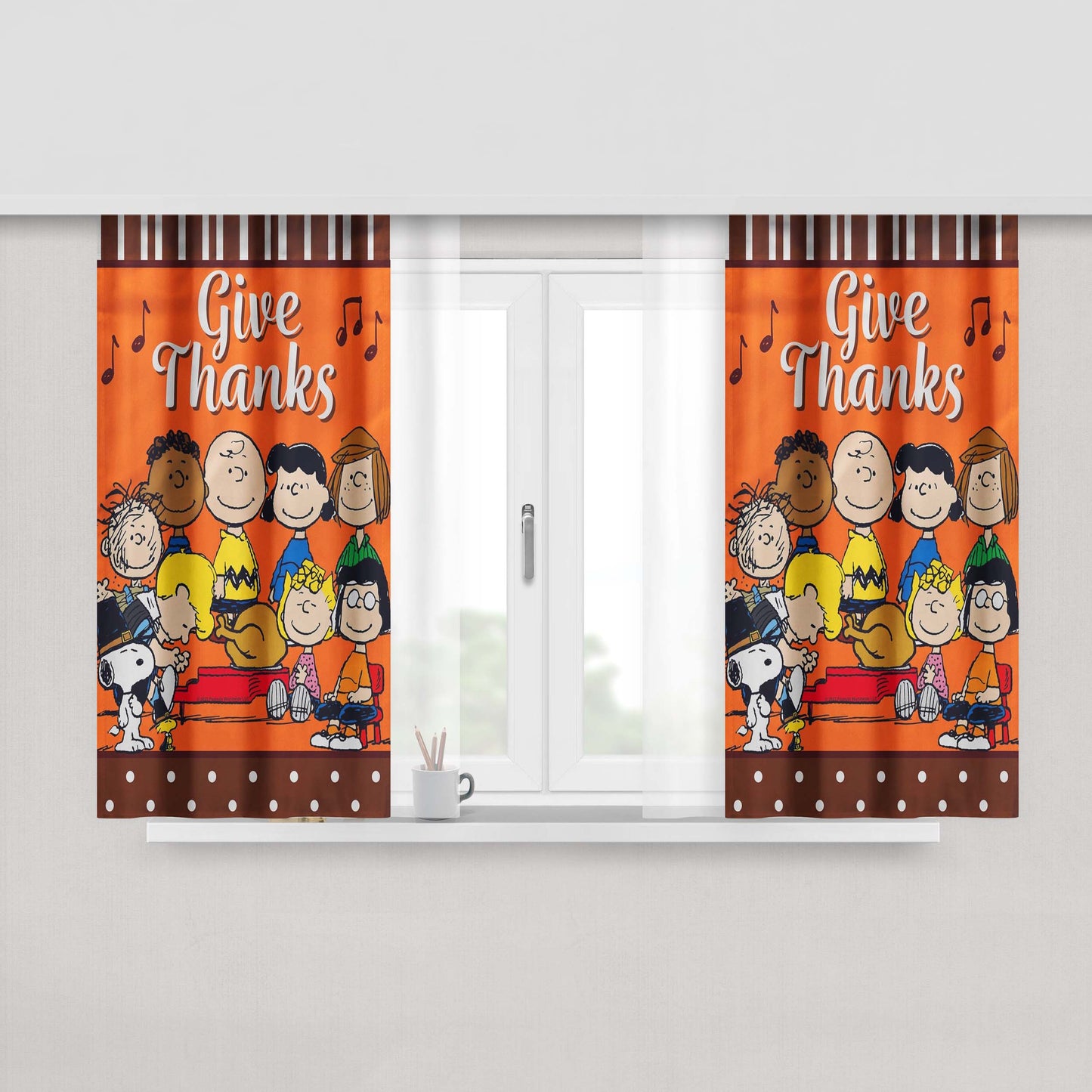 Peanuts Gang Give Thanks Thanksgiving Peach Skin Window Curtains