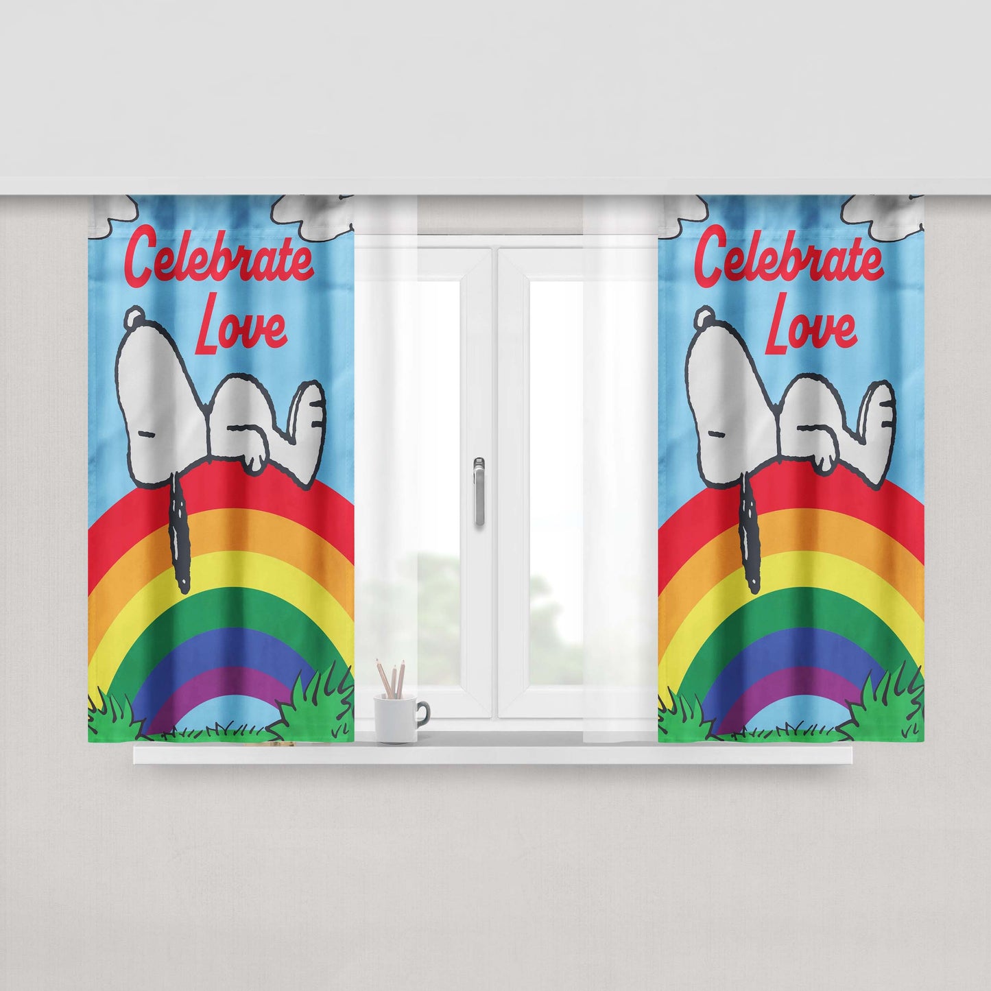 Peanuts Rainbow Celebrate Love Snoopy Peach Skin Window Curtains