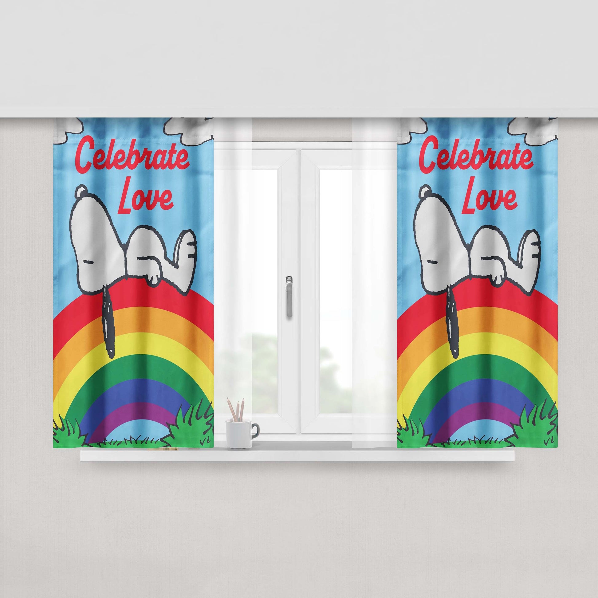 Peanuts Rainbow Celebrate Love Snoopy Peach Skin Window Curtains