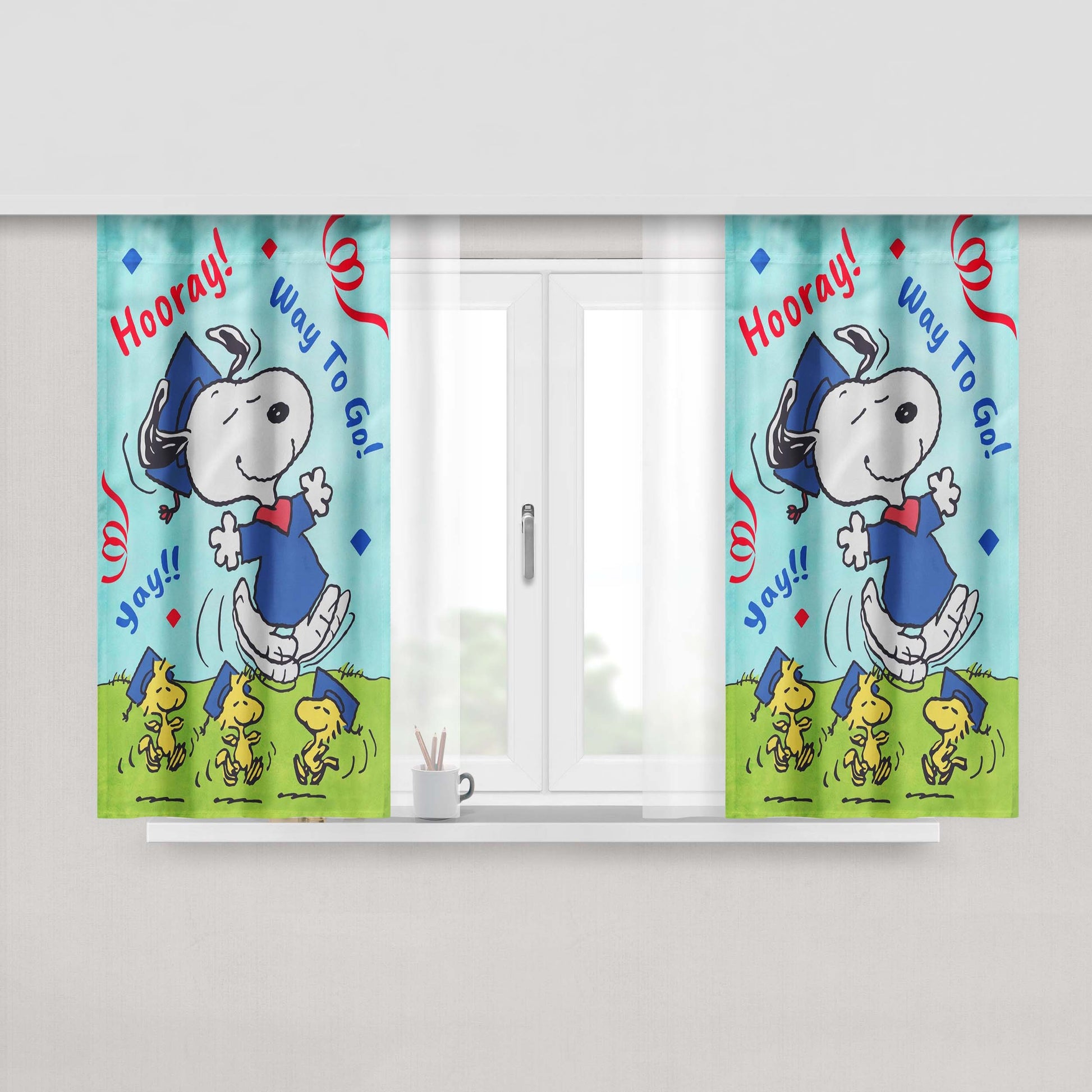 Peanuts Snoopy Graduation Peach Skin Window Curtains