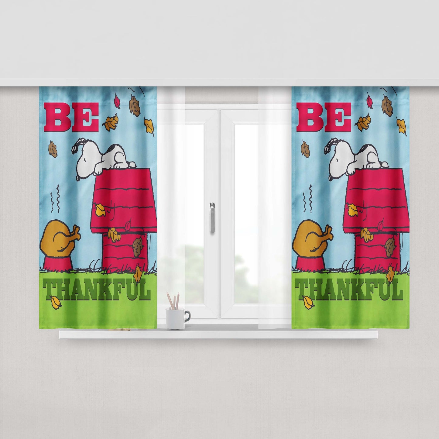 Peanuts Thankful Snoopy Turkey Thanksgiving Peach Skin Window Curtains