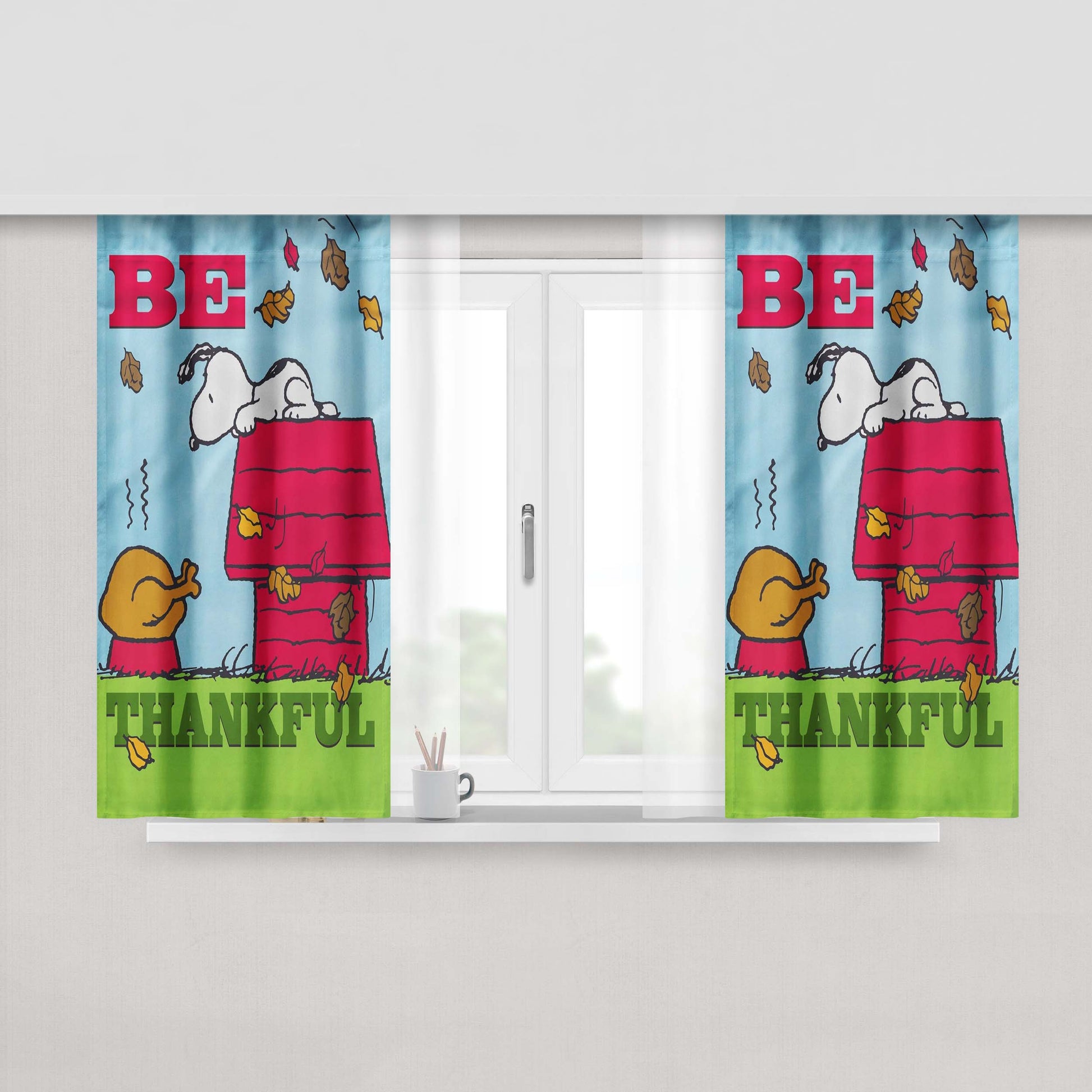 Peanuts Thankful Snoopy Turkey Thanksgiving Peach Skin Window Curtains
