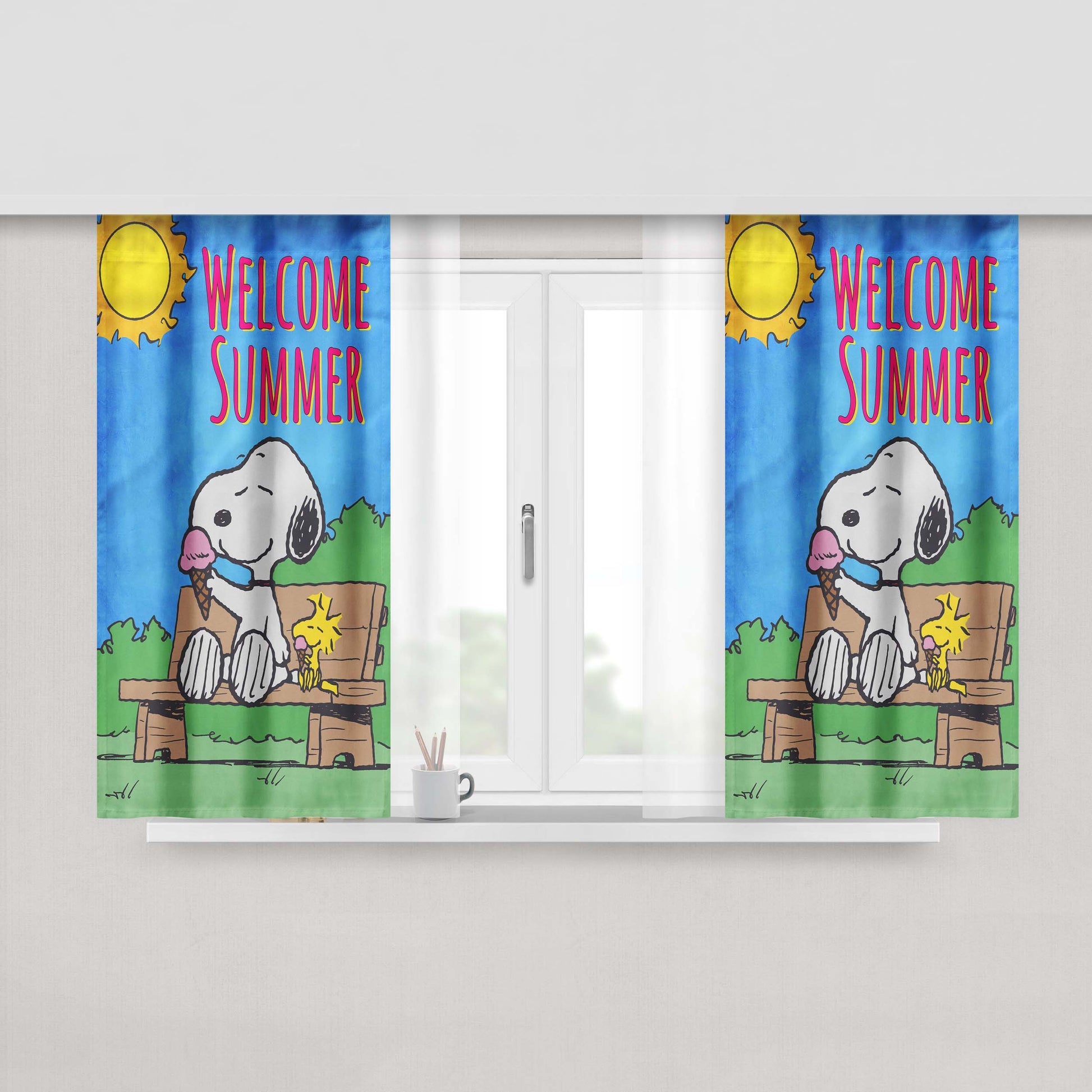 Peanuts Welcome Summer Snoopy & Woodstock Peach Skin Window Curtains