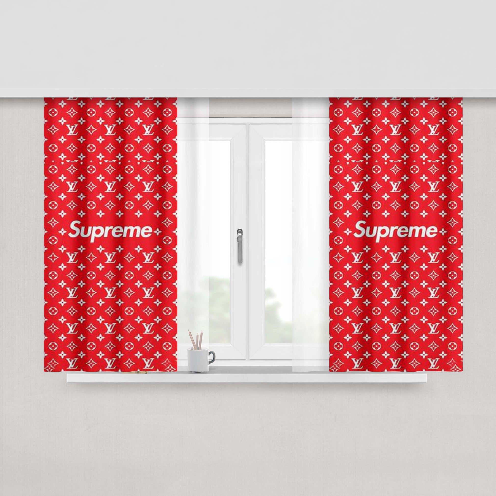 Red Louis Vuitton Supreme Peach Skin Window Curtains