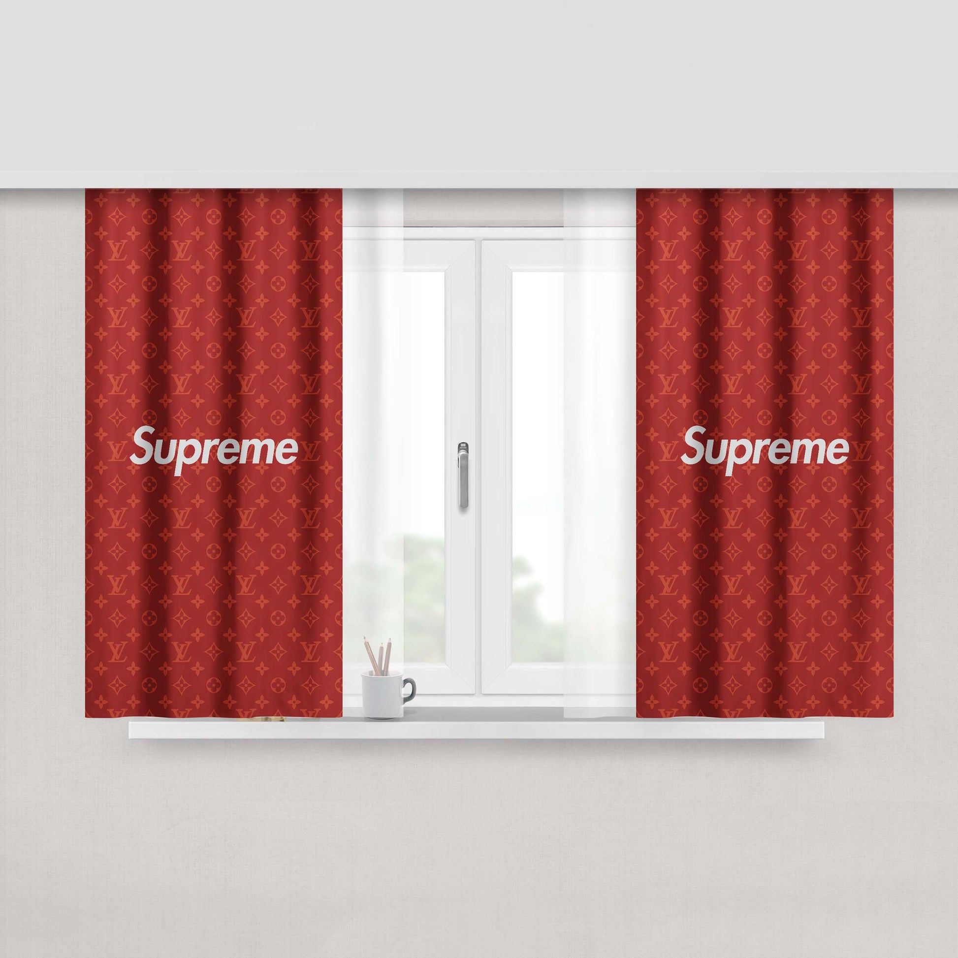 Red Supreme Louis Vuitton 2 Peach Skin Window Curtains