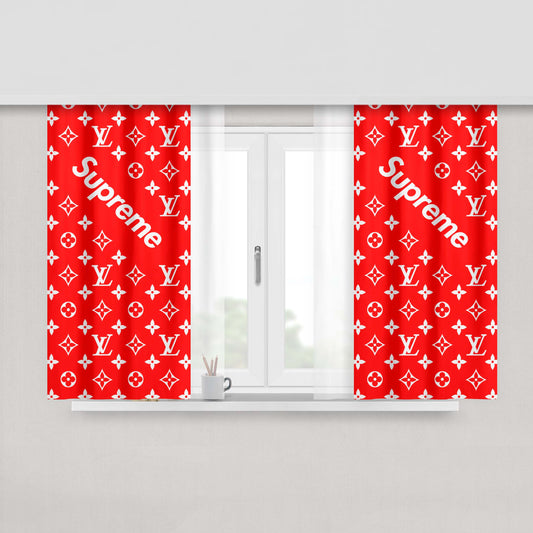Red Supreme Louis Vuitton Pattern Peach Skin Window Curtains
