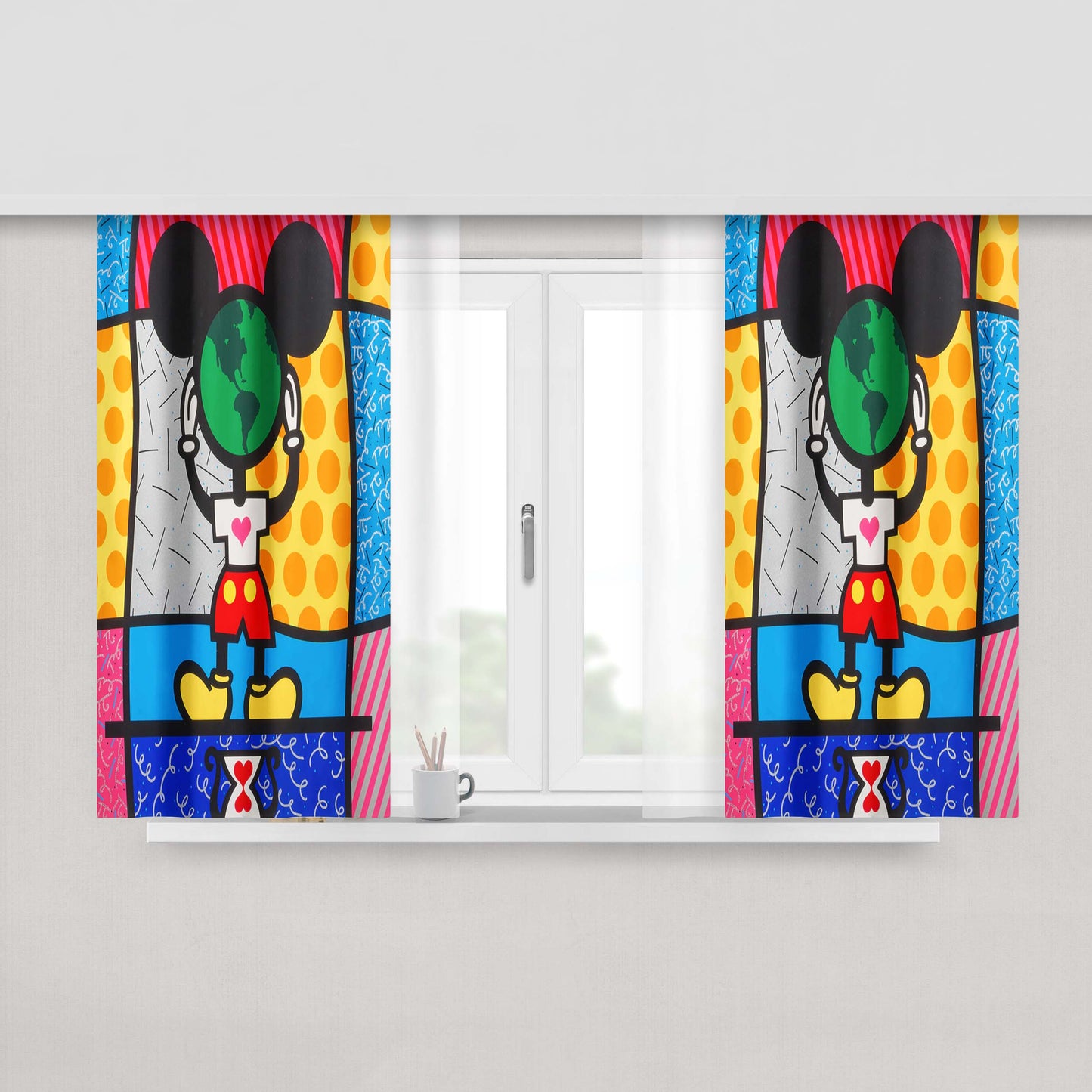 Romero Britto Mickeys World Wallpaper Peach Skin Window Curtains
