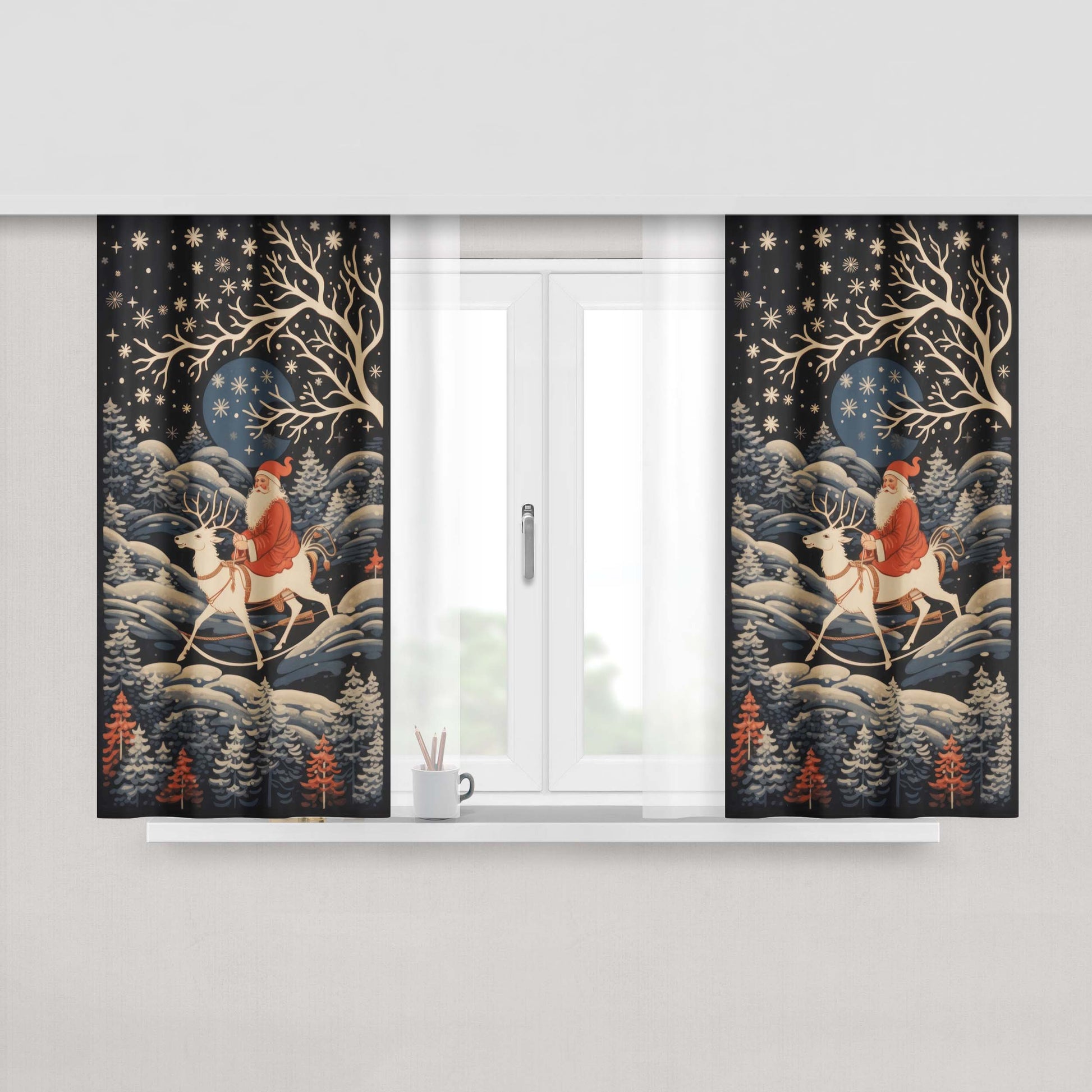 Santa Clause Riding Reindeer At Night Nature Christmas Peach Skin Window Curtains