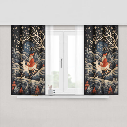 Santa Clause Riding Reindeer At Night Nature Christmas Peach Skin Window Curtains